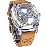 Men's Luxury Square Carving Mechanical Watch, Retro Totem Double Sided Hollow Skeleton Self-Wind Automatic Watches, Vintage Leather Strap Wristwatch Reloj para Hombre