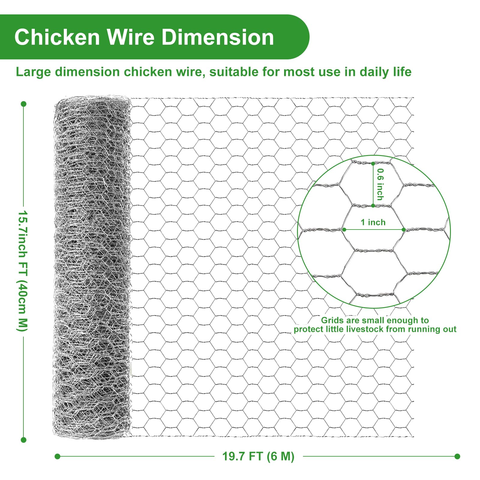 16inX20ft Chicken Wire Fencing Mesh, Heavy Duty Metal Chicken Wire Fence with 50 Ties for Crafts Poultry Gardening Hexagonal Galvanized Hardware Cloth Netting for Chicken Coop Barrier Rabbit Cage - 2