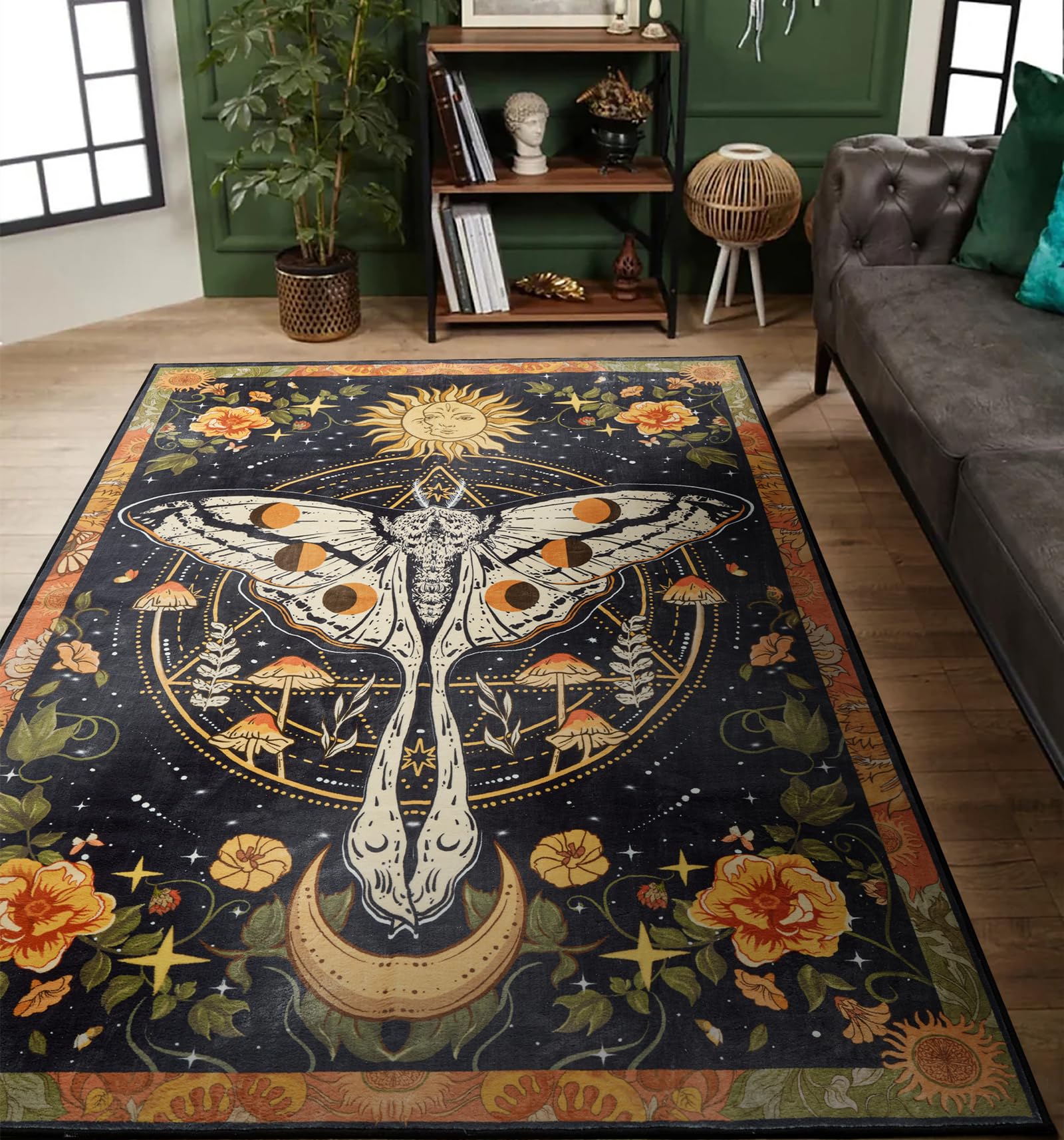 Washable Mystical Luna Moth Rugs Ultra Thin, Boho Moody Black Floral Aesthetic Bedroom Rugs Vintage Hippie Celestial Trendy Indie Dorm Rug, Retro Cute