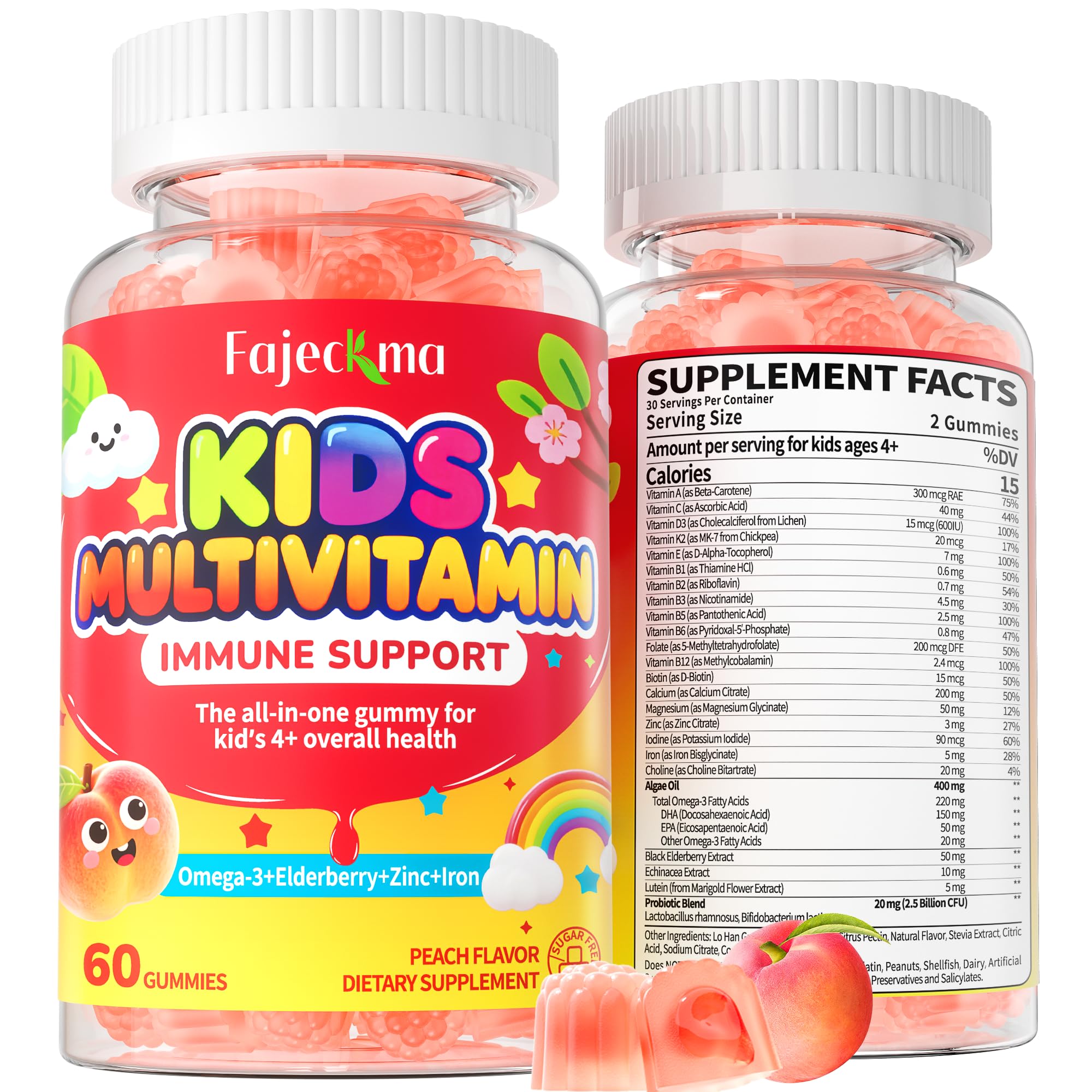 Kids Methylated Multivitamin Gummies: Sugar Free Kids Vitamins | Daily Multi Vitamin D3 B12 Iron Omega 3 Probiotic Elderberry Calcium Zinc DHA - Support Immune Brain for Picky Eater 120Count