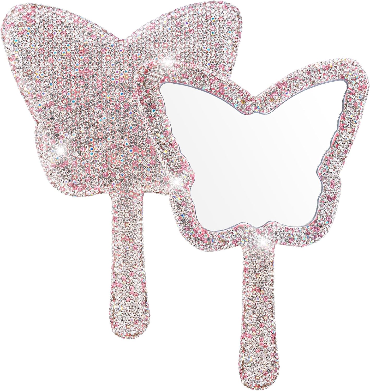 Framendino, 1 Pack Rhinestone Handheld Mirror Butterfly Shaped Cosmetic Dazzling Portable Hand Mirrors for Women Pink