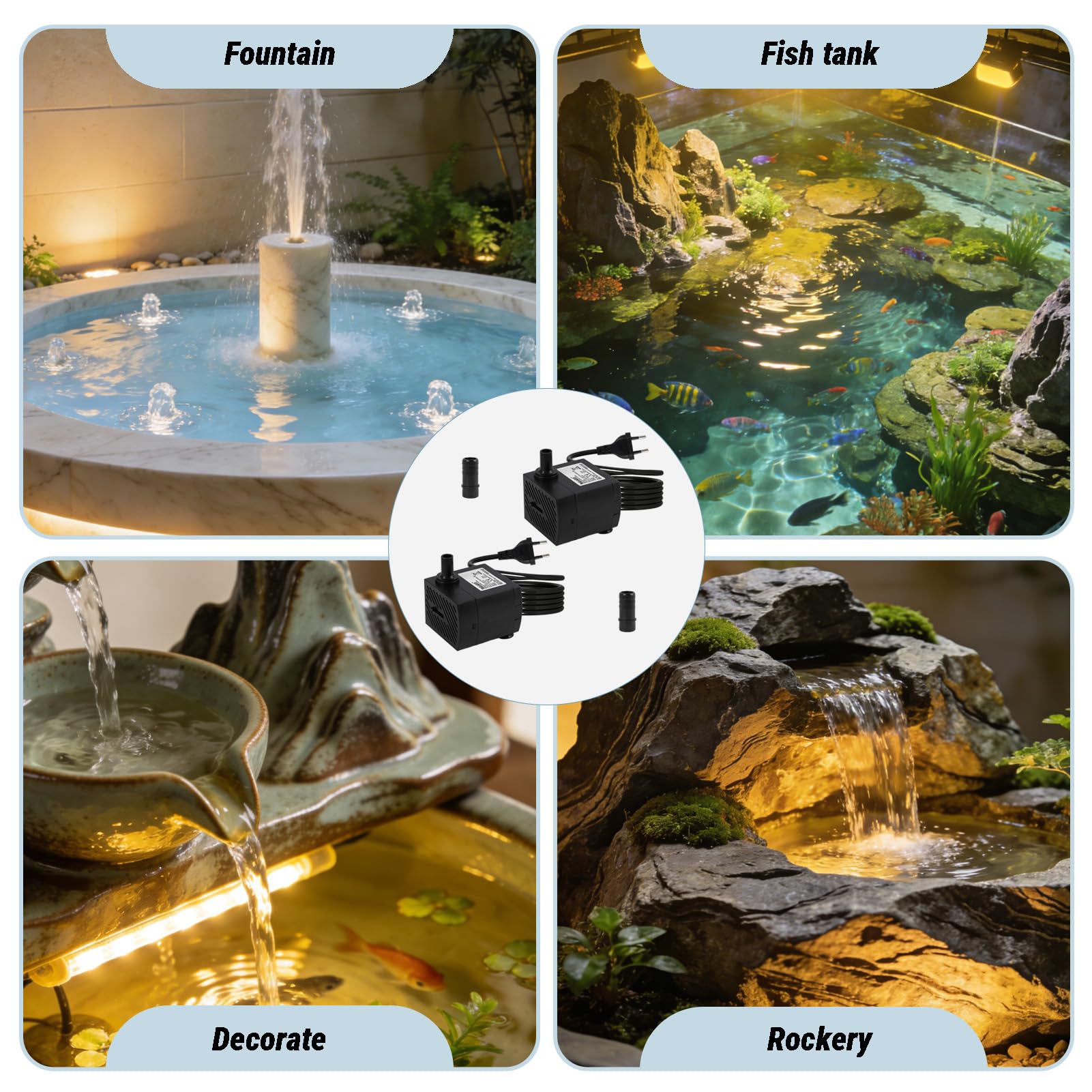 2 Piezas Mini Bomba de Agua 5W 350 L/h, Bomba de Agua Ultra Silenciosa, 2 Boquillas, Alta Carrera para Acuarios, Estanques, Fuentes, Jardines Acuáticos, Hidroponía, Montaje Vertical y Panel, Compacta — view 6