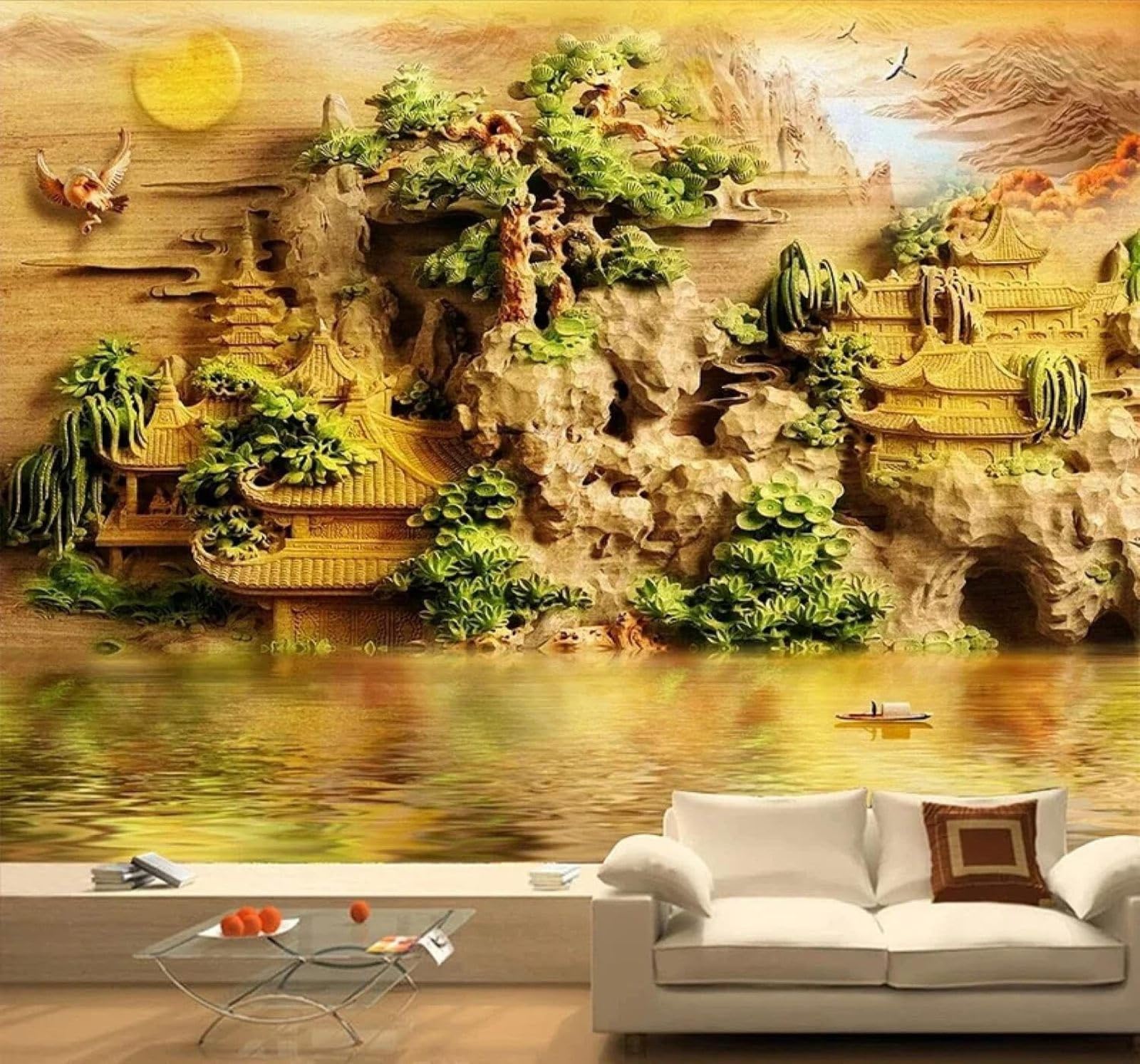 Xlming 430Cm×300Cm(B×H) Creative Wood Carving Pavilions And Towers Landscapes Scenery 3D Wallpaper Silky Texture Home Study Office Grey Dining Room Sofa Bedroom Living Room Tv Backdrop-430Cm×300Cm