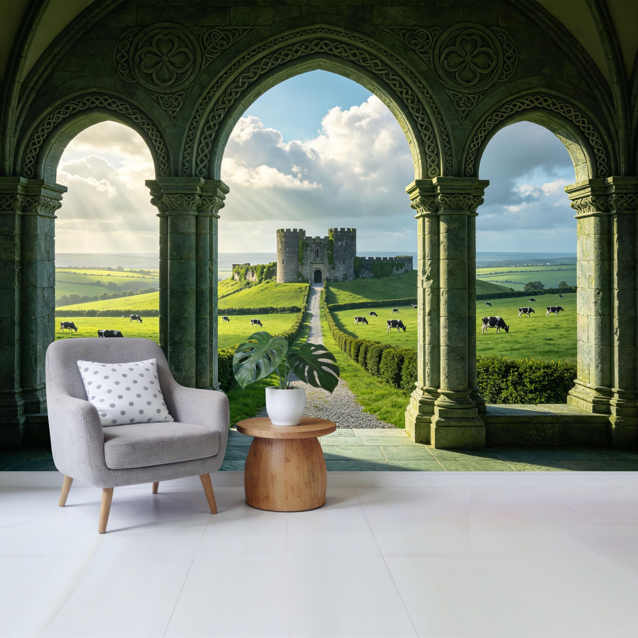 Removable Self Adhesive Fabric Mural， Ancient Stone Archway Medieval Castle Landscape Custom Size Wall Covering， UV Protected Waterproof Washable Wall Decor for Living Room Bedroom Bathroom