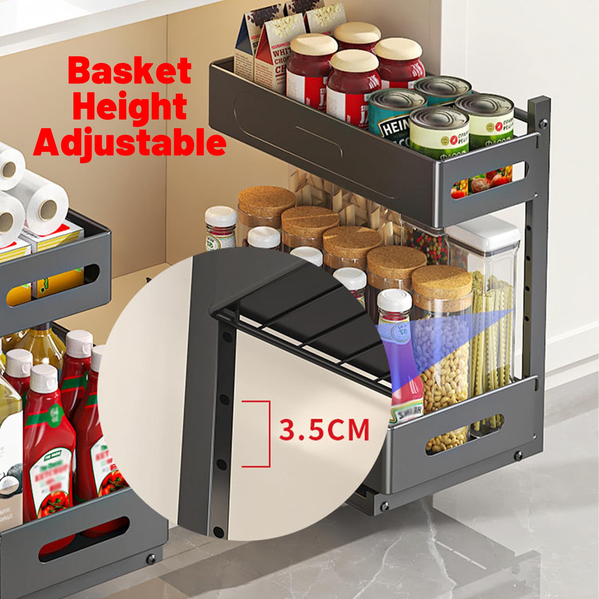 YunNasi Küchenschrank Organizer 2 Etagen Spülschrank Organizer mit 4 Haken für Kitchen Bad Unter Waschbecken Regal Küchenregal Metal Gewürzregal Stehend Höhenverstellbar (Schwarz)