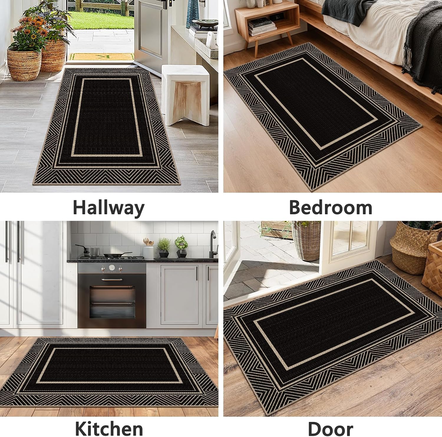 Capslpad Faux Jute 3x5 Outdoor Rug, Geometry Line Patio Rug, Washable Front Porch Rug, Farmhouse Non-Slip Entryway Rugs for Indoor Outdoor, Black Base