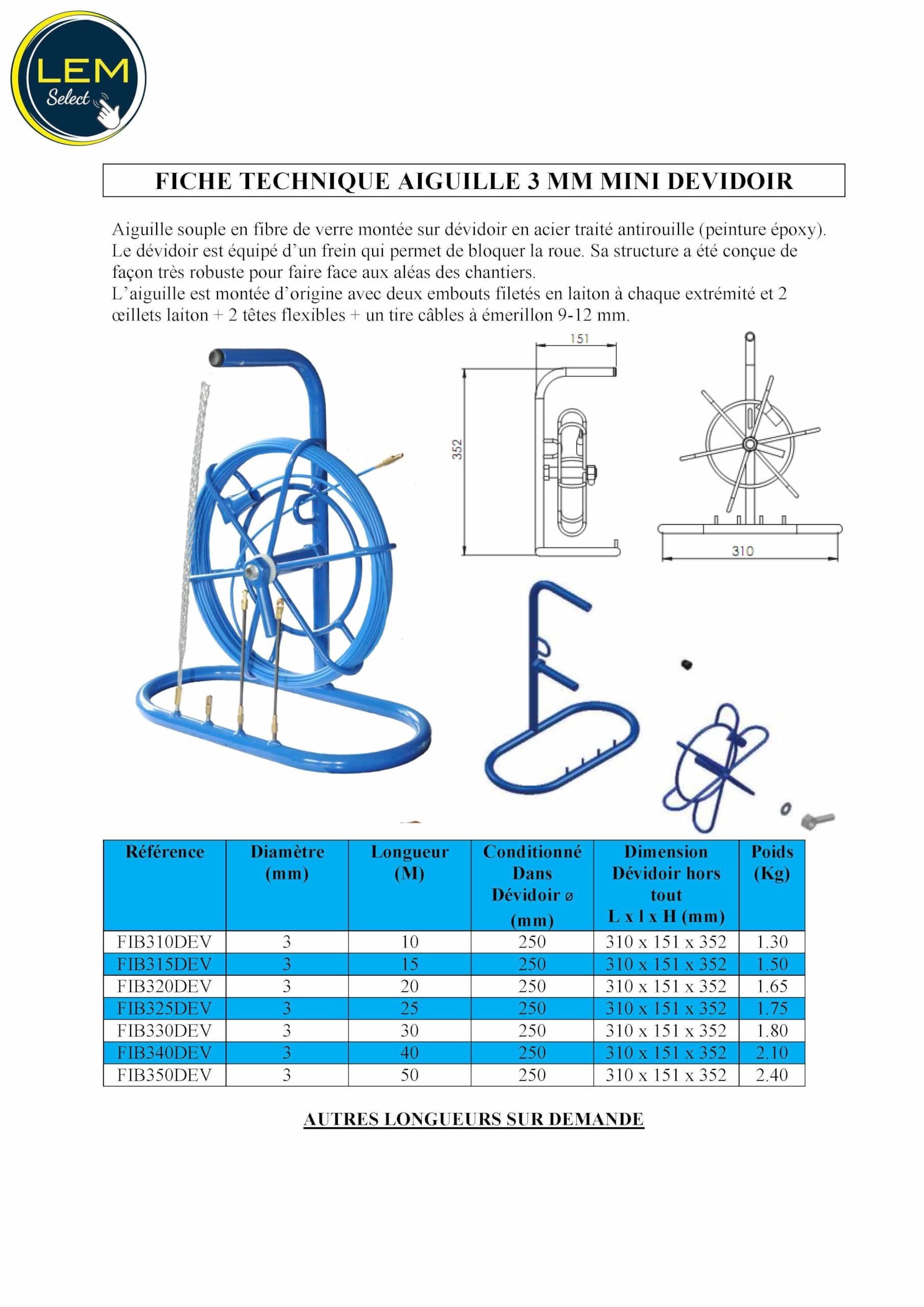 Aiguille tire-fil 3 mm L 50 M sur mini dévidoir (avec accessoires) tirage fibre Optique et électricien