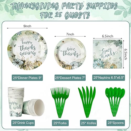 Miniatura 8 de Juego de platos y servilletas de papel de Acción de Gracias, platos de postre desechables de calabaza de acuarela, vajilla rústica de cosecha de