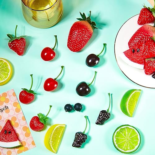 Miniatura 5 de 50 frutas artificiales de plástico de frutas falsas, 14 fresas falsas, 12 cerezas falsas, 6 moras falsas, 4 rebanadas de sandía falsas, 10 arándanos