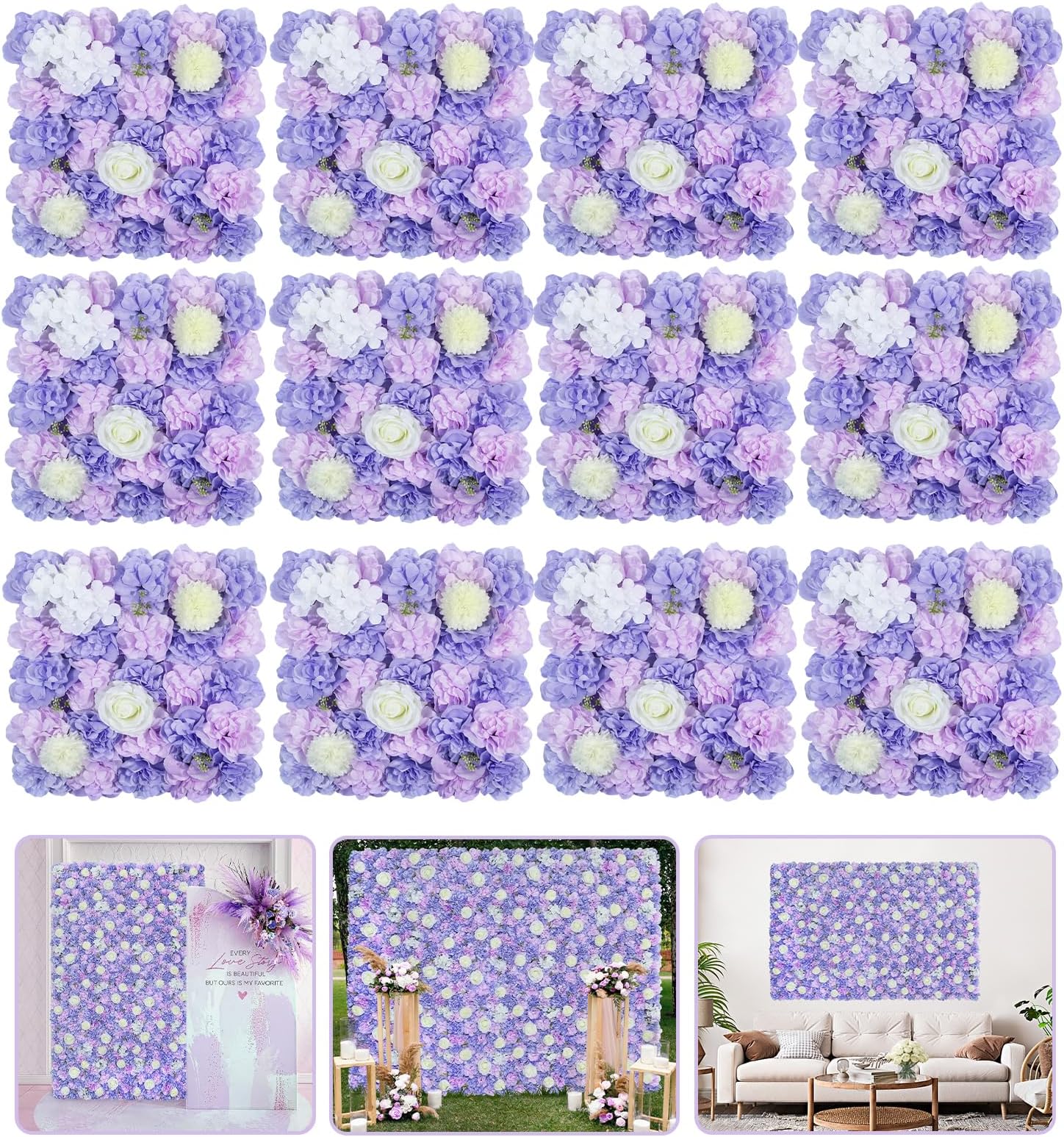 Artificial Flower Backdrop Wall Panels 5ftx3.74ft Lavender Wedding Background 3D Rose Fake Floral Wall for Party Baby Shower Birthday Decor