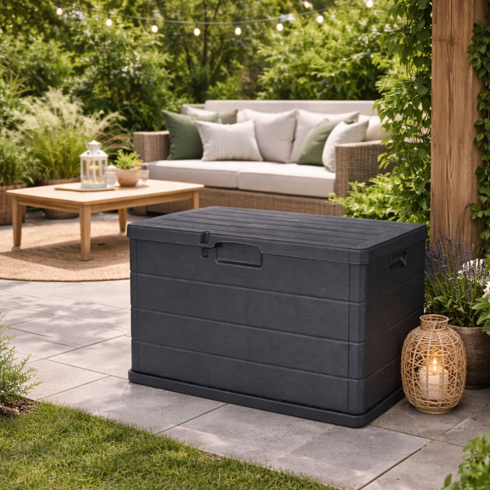 Maury's Baule Cassapanca 170 Litri Effetto Legno, Contenitore Stoccaggio in Resina Antracite 78x55x52 cm