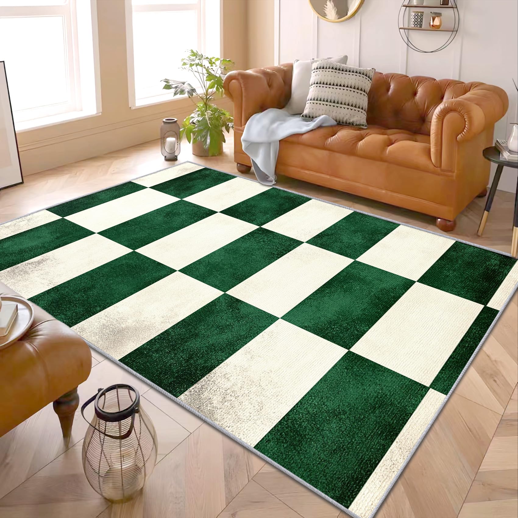 Checkerboard Rug Green - Green and Cream Checkered Rug, Green Checkerboard Rugs for Living Room Bedroom, Washable Non Slip Soft Square Carpet, Patterned Area Rugs & Home Decor 120x120 cm