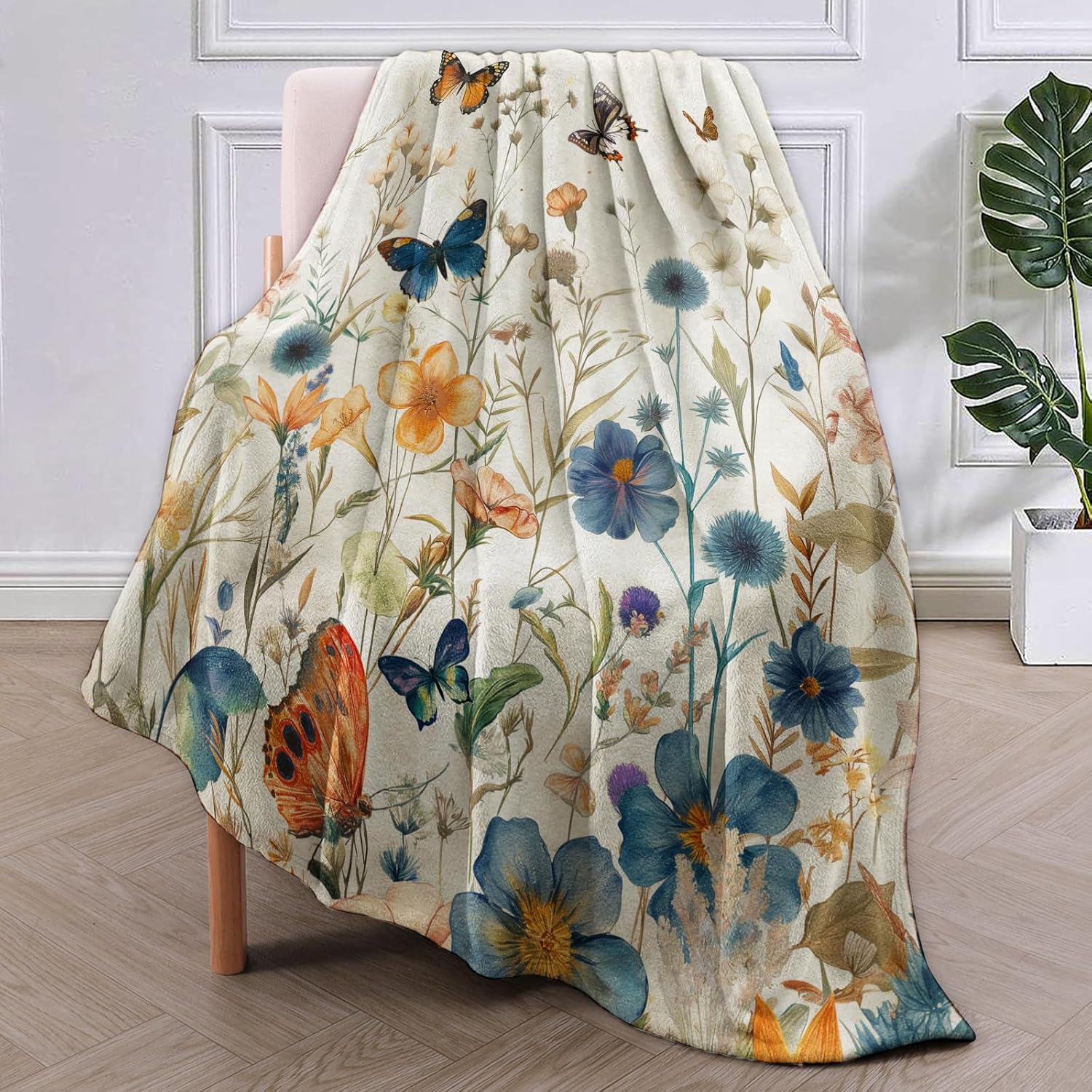 Butterfly and Flower Blanket Gifts for Women Girls Soft Warm Lightweight Cozy Vintage Garden Floral Botanical Flannel Throw Blankets for Bed Sofa Home Travel Decor 50"x40"