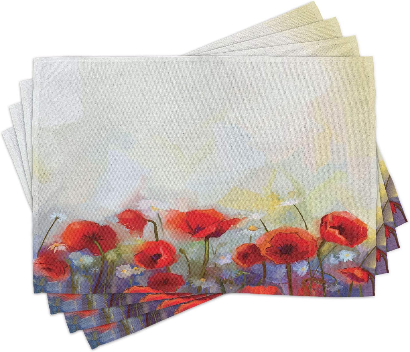 Lunarable Watercolor Flower Place Mats Set of 4, Poppies in Spring Meadow with Wildflowers Color Painting, Washable Fabric Placemats for Dining Table, Standard Size, Yellow Scarlet