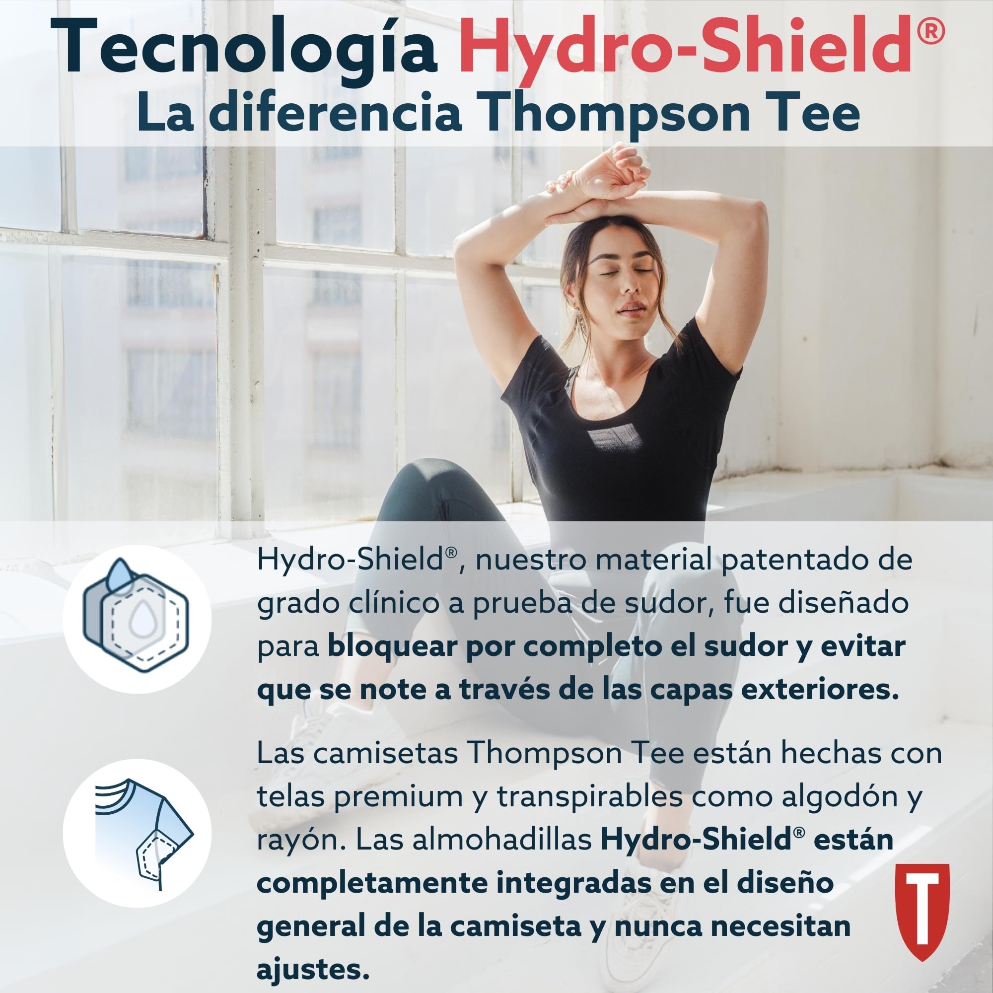 Thompson tee - Camiseta Interior antisudor para Mujer - con Refuerzo Antimicrobiano en Las Axilas - Corte Regular - Cuello Ovalado