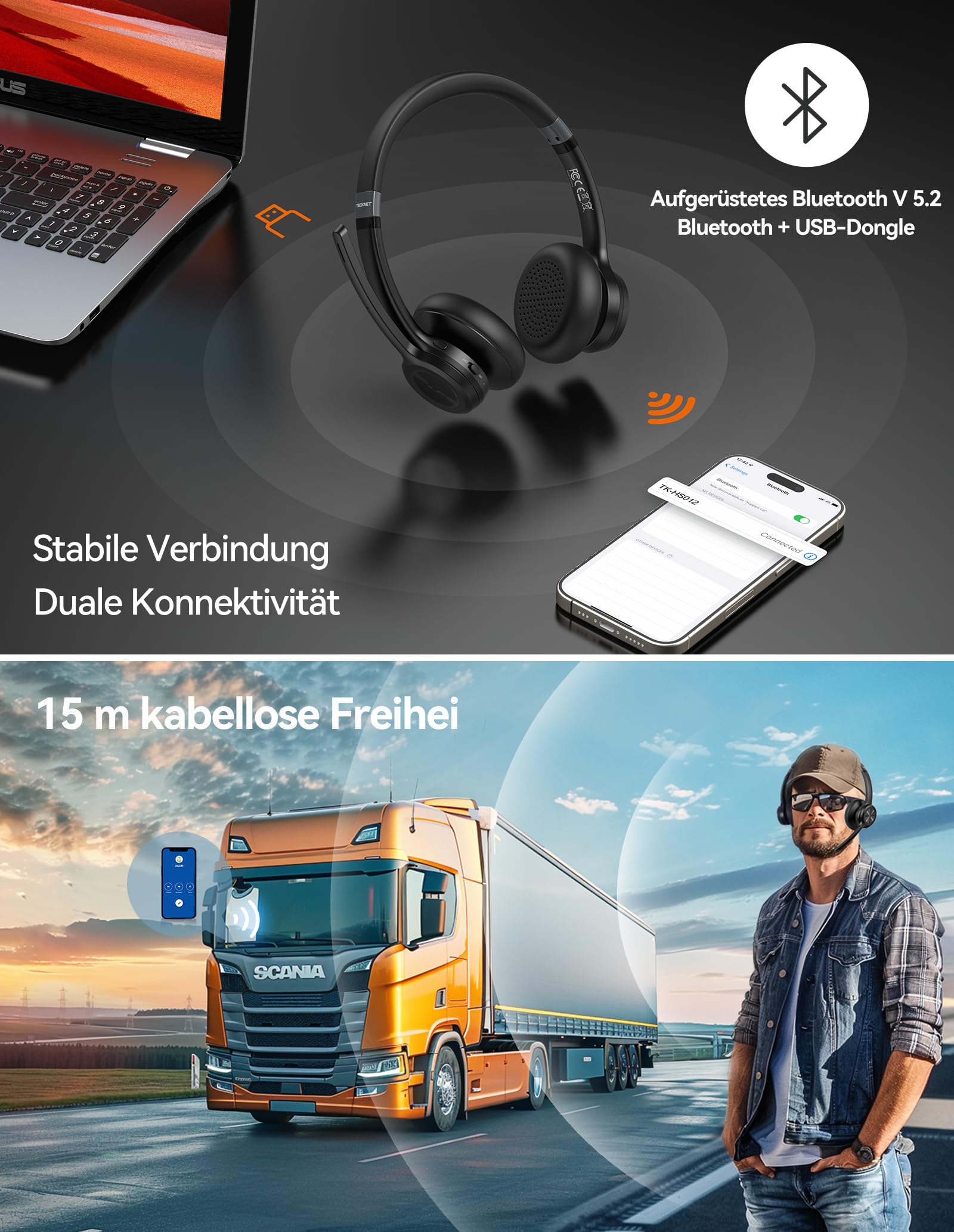 TECKNET V5.2 Bluetooth Headset mit Mikrofon & USB Dongle Wireless Headset mit Noise Cancelling und Stummschaltung Mikrofon, On-Ear Kopfhörer kabellos für Trucker/Callcenter/Büro - 50+ Std. Akku