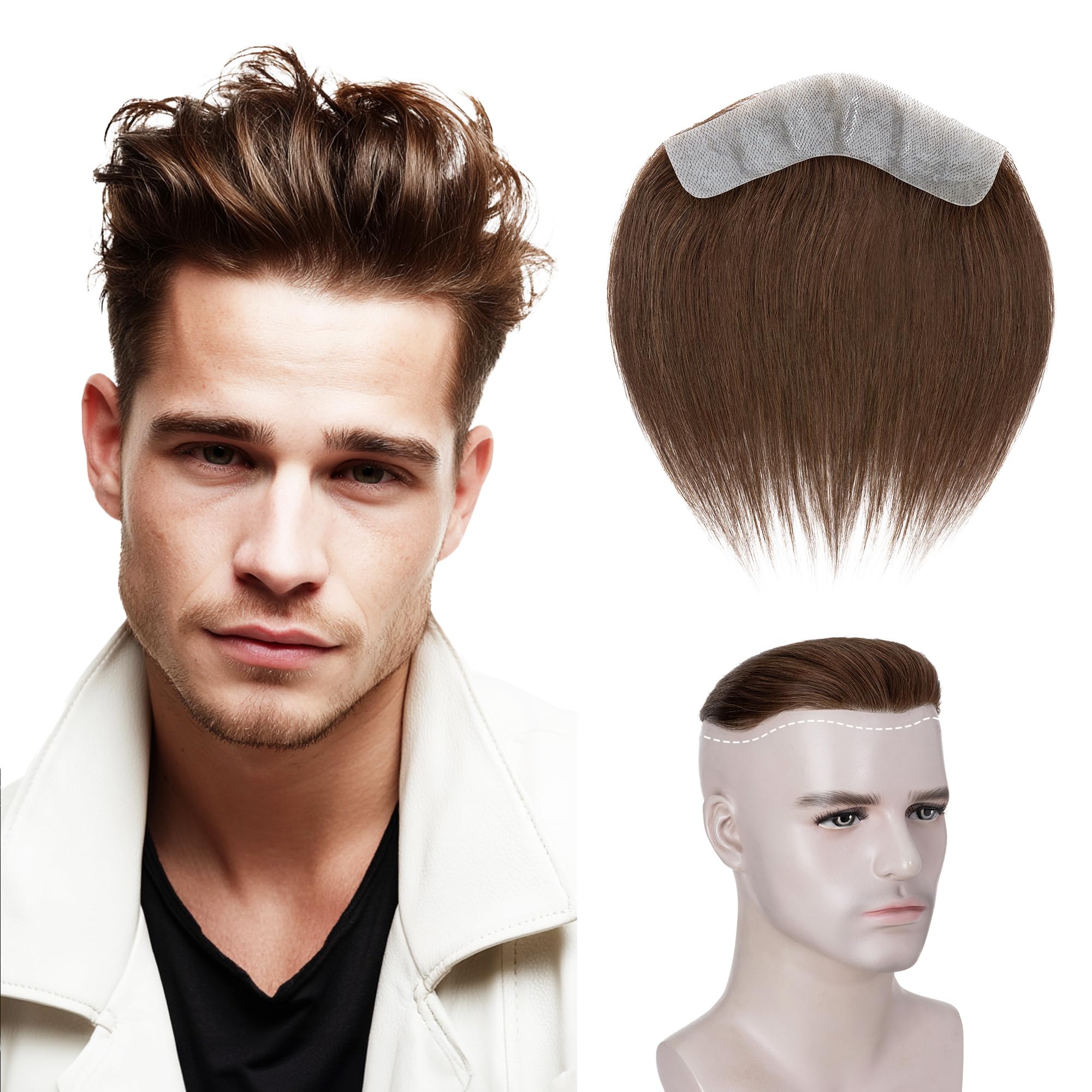 6 inch SEGO Men's Toupee V-Shape Hairline Real Human Hair Extension Forehead Hairpiece Fringe Bang Replacement System Invisible (4 * 18cm,#4 Medium Brown)