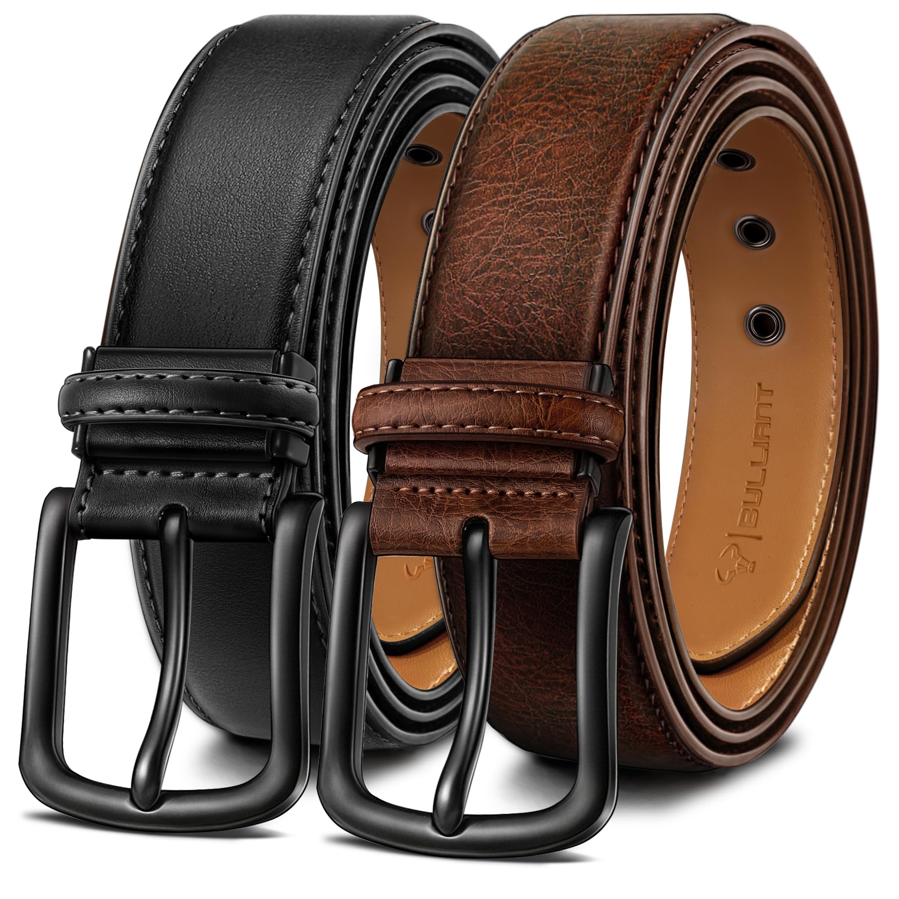 BULLIANT Men Trimmable Leather Belt 2Pack-Gift Boxed-Metal Eyelets 1.5"