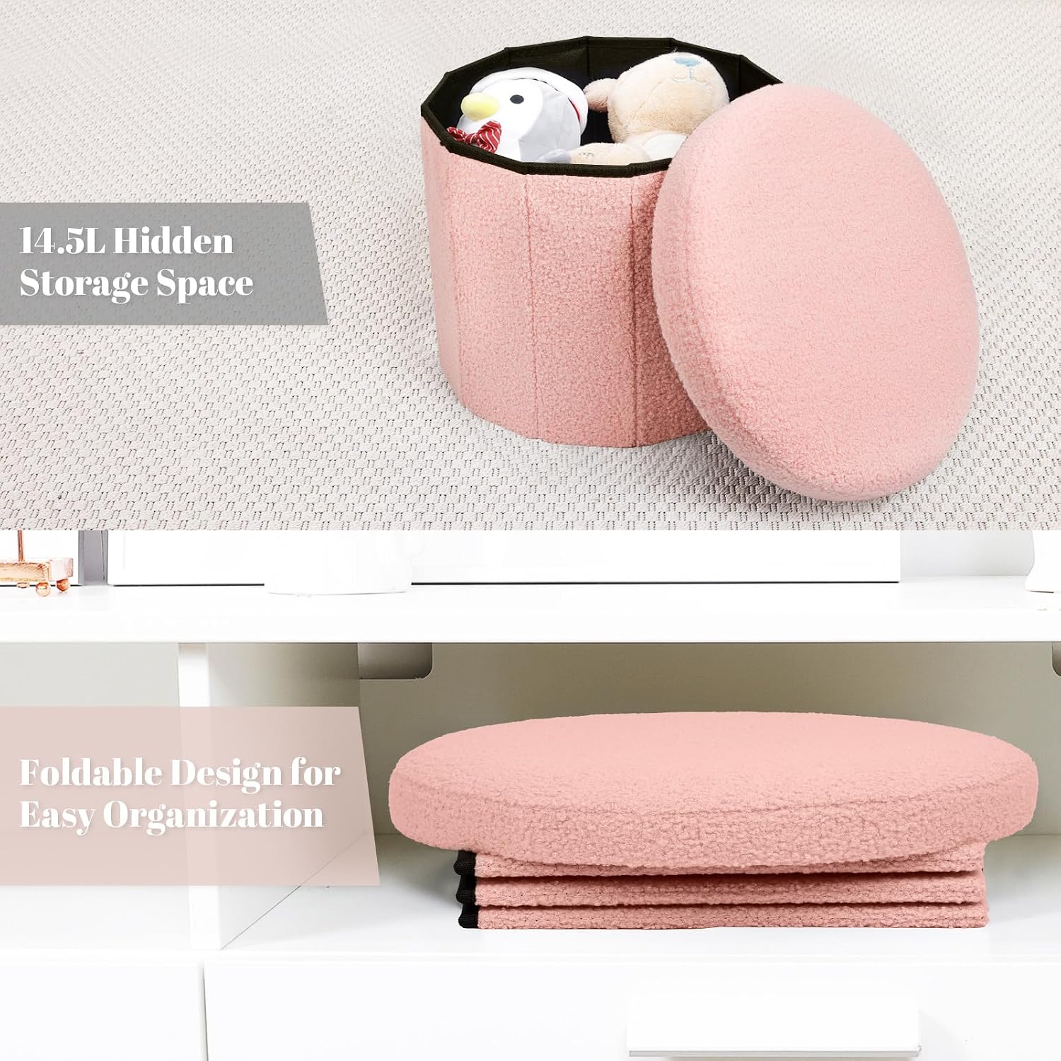 BoxedHome Round Pouf Ottoman with Storage, Ottomans Foot Rest Stool, Vanity Stool Chair & Circle Coffee Table, Padded Boucle Ottoman Seat for Dorm Bedroom Living Room, Support 220lbs, Pink