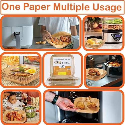 Miniatura 7 de Forros de papel para freidora de aire, 120 forros desechables para freidora de aire, forros cuadrados de papel pergamino sin blanquear de 8