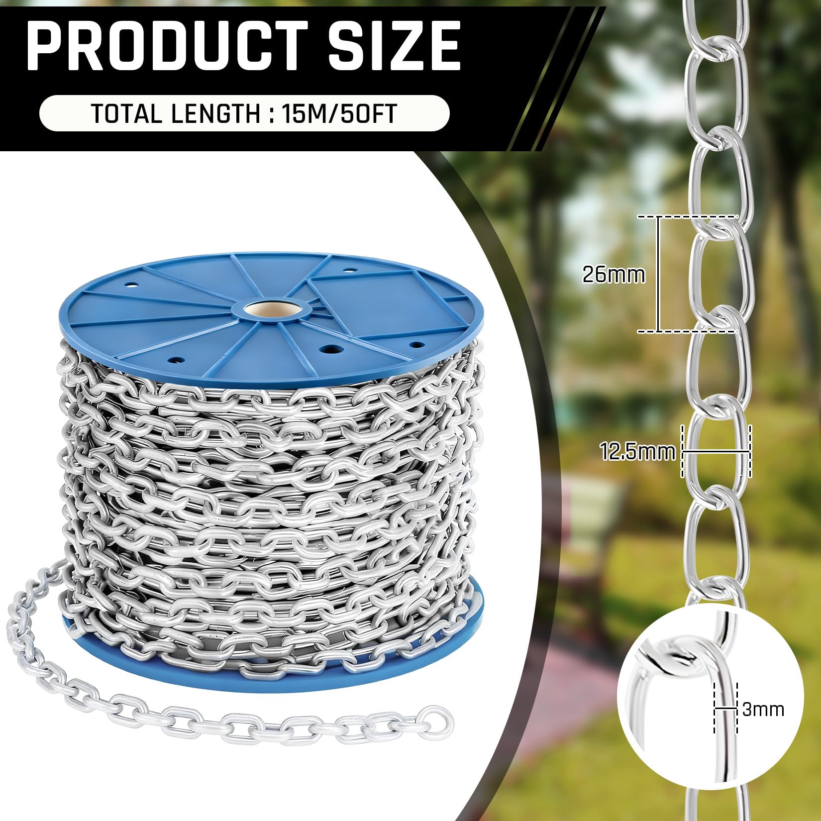 50ft 3mm Galvanized Iron Hanging Chain Roll - Metal Chains for Light Chain & Outdoor Use, Bird Feeders, Artworks, Flowerpots & DIY Home Projects — Amazon image 2