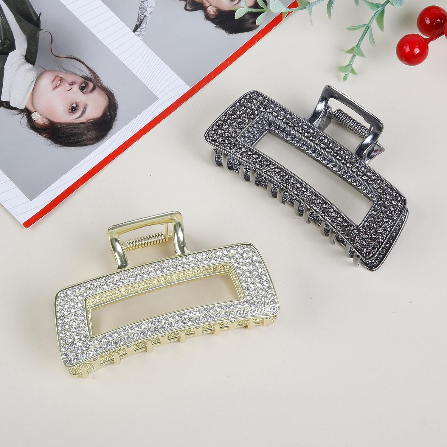 2 Pcs Rhinestone Hair Claw for Women, Gorgeous Rectangle Metal Hair Clips Accessories, Strong Hold Hair Claws Clips for Thick and Thin Hair - Image 8