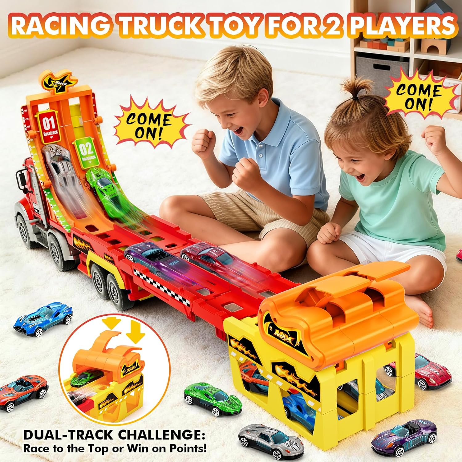 Kids Toys for 3 4 5 6 7 8 Years Old Boys, Carrier Truck Transport Car with Lights Sounds, Foldable Layer Car Race Track Playset with Race Track, 6 Metal Toy Cars, Christmas Birthday Gift for Toddler