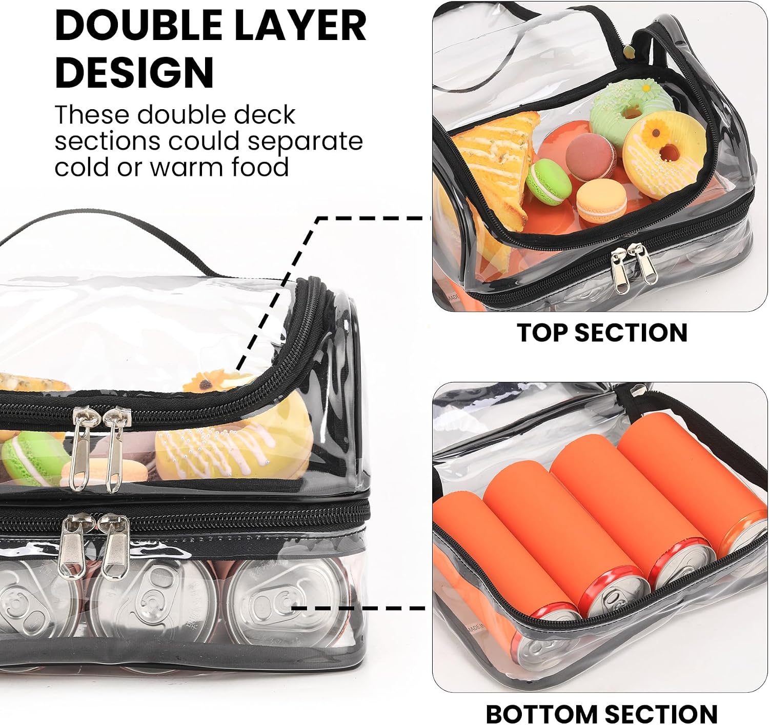 BORMELUN Clear Lunch Bag for work Transparent See Through Lunch Box for Kids,Double tote Black Stadium Approved