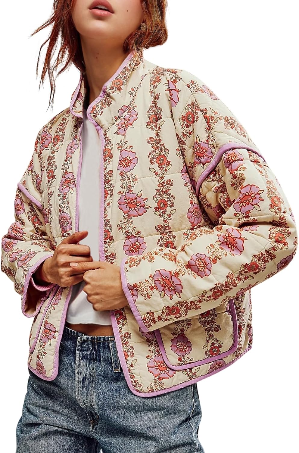 Wyeysyt Women’s Cropped Puffer Jacket Lightweight Floral Print Long Sleeve Padded Quilted Puffy Cardigan Coat