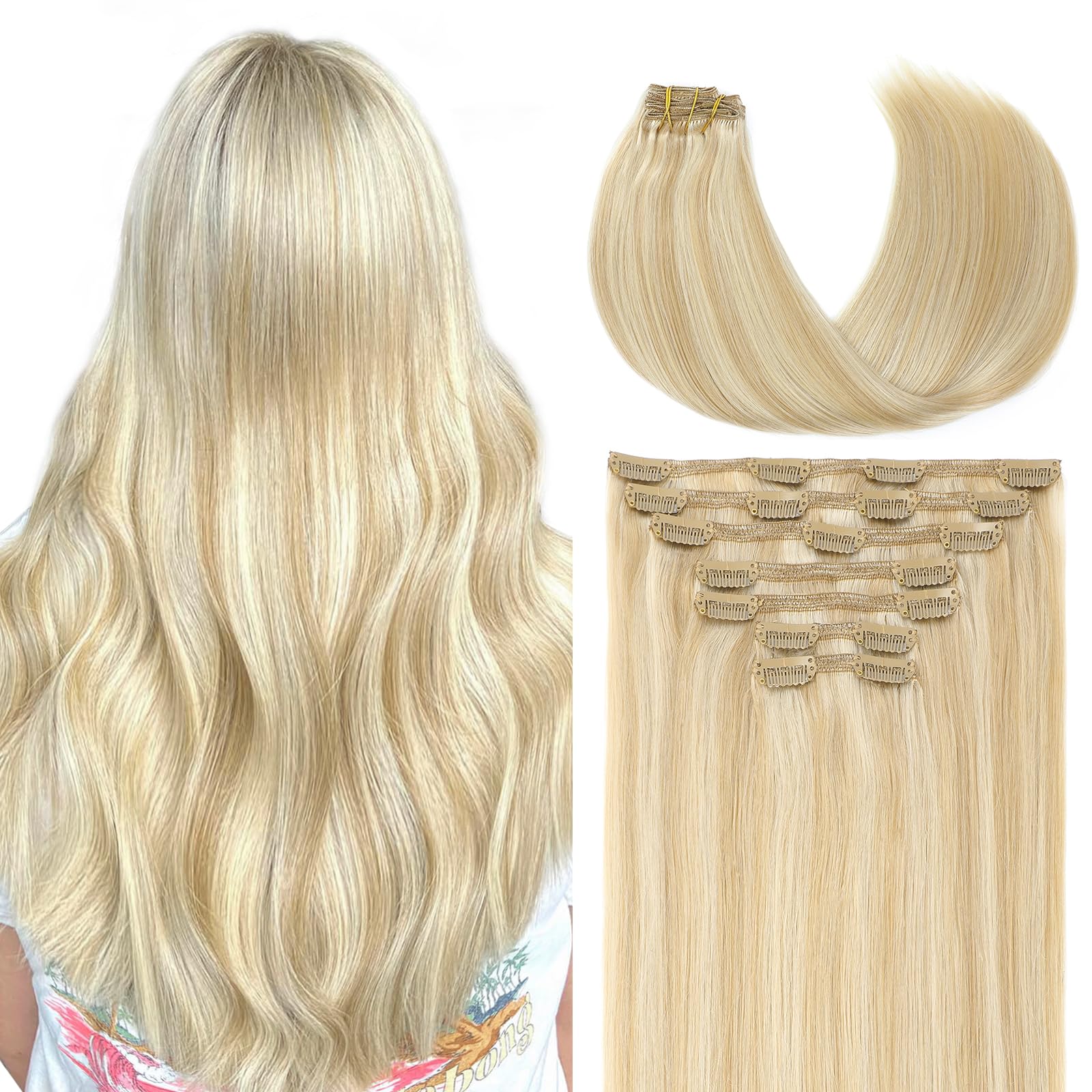 VINBAO Thick Clip in Human Hair Extensions, Natural Hair, Clip in Hair, 27 Caramel Blonde mixed 60 Platinum Blonde, Soft Hair, 20 Inches 160 Grams 7Pcs Clip in Extensions(7C#27P60-20inch)