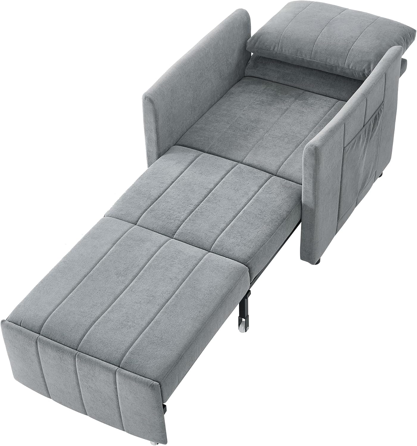 Merax Modern 3-in-1 Convertible Sofa Bed Pull-Out Sleeper Lounger with 5-Position Adjustable Backrest, Upholstered Single Recliner with Side Pockets & Storge Basket for Small Space Grey