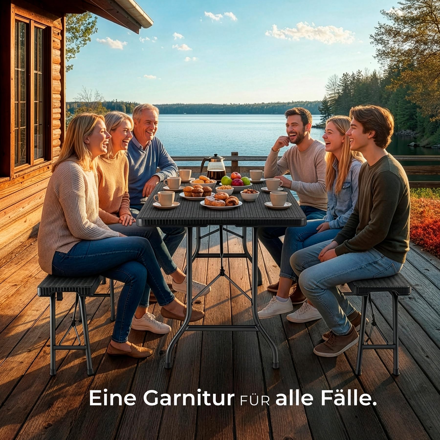 tectake® 3-teiliges Gartenmöbel Set, klappbarer Campingtisch mit 2X Bierbank, Balkonmöbel, Garten oder Terrassentisch Set, Bierzeltgarnitur, mit Tragegriffen, 180cm lang (schwarz) | Hohe Belastbarkeit 500 kg pro Bank, bodenschonende Kunststoffkappen, Trag