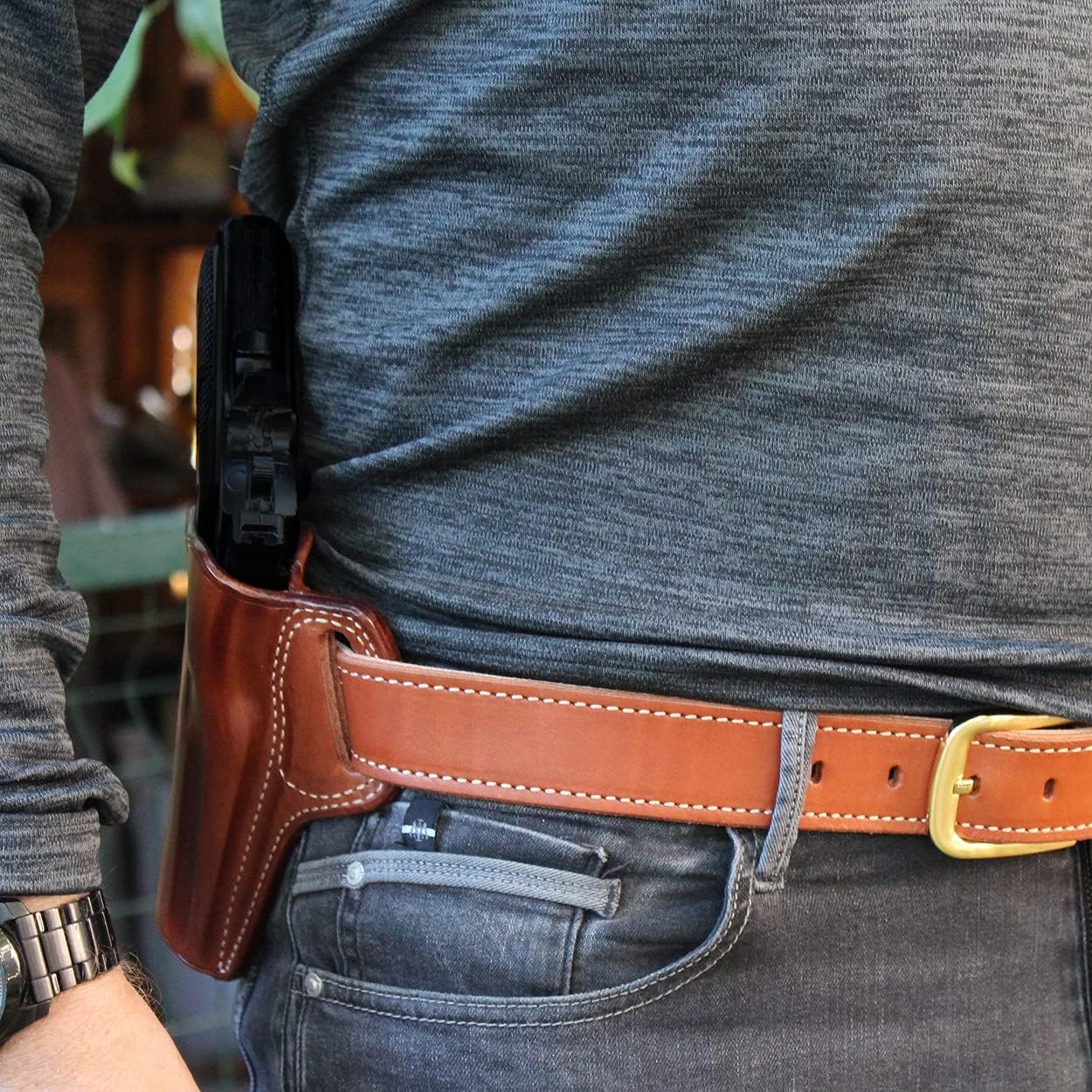Premium The Ultimate Leather Pancake OWB Belt Holster Open Top Fits M&P 5.7 5" Barrel, Right Hand Draw, Brown Color #1634#