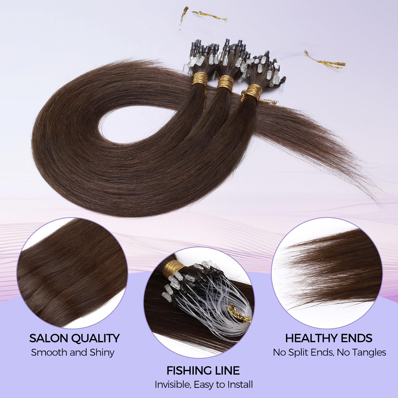 MY-LADY Microring Extensions Echthaar Schokoladenbraun, Extensions Echthaar Microring Invisible Natürlich Micro Loop Hair Extension Glatt Balayage 50g 1g/s 55cm (#04)