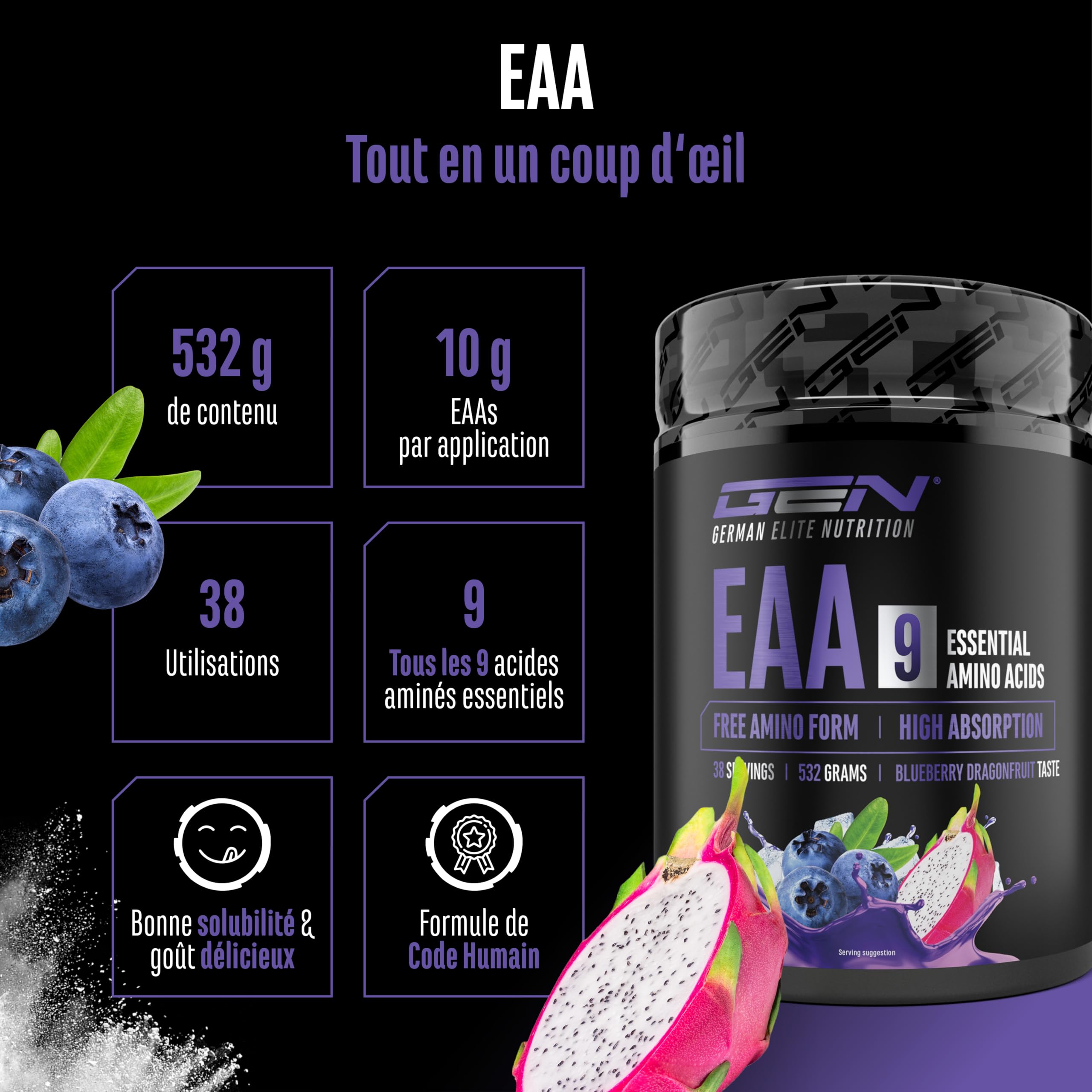 Poudre d’EAA 532 g (38 portions) - Les 9 acides aminés essentiels incl. histidine & BCAA - Formule Human Code - Très bonne solubilité - Boisson d’acides aminés rafraîchissante (Blueberry Dragonfruit)
