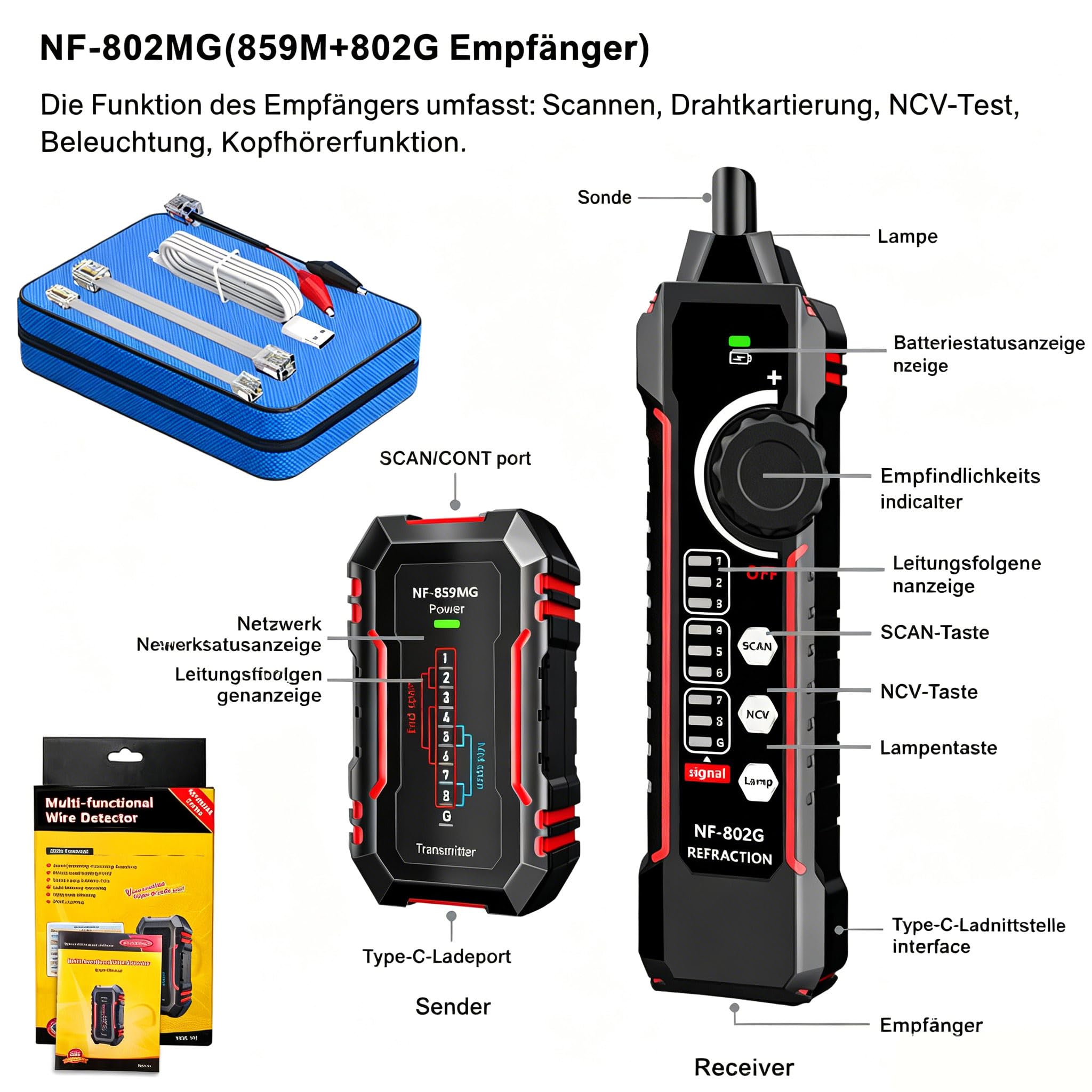Netzwerkkabel-Tester, Ethernet-Kabel-Tester, Leitungsfinder, Tongenerator, Kabel-Tracer, NCV/LAN/POE/RJ45/RJ11/Cat5/Cat6/Cat3-Netzwerke, Kabelprüfung und Telefonleitungsprüfung NF-802MG
