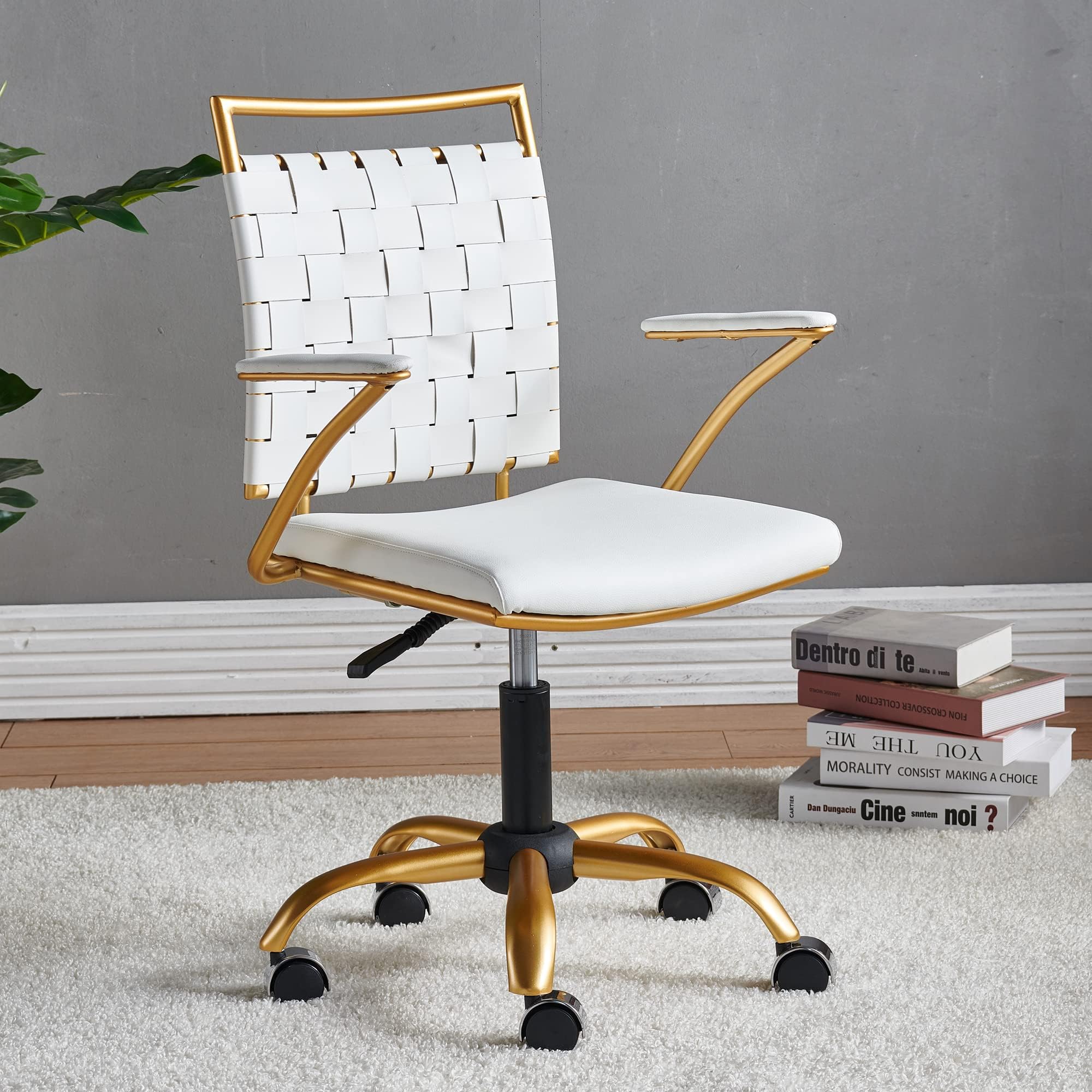 LUXMOD Vanity Chair Gold and White Chair Mid Back Ergonomic Swivel Computer Desk