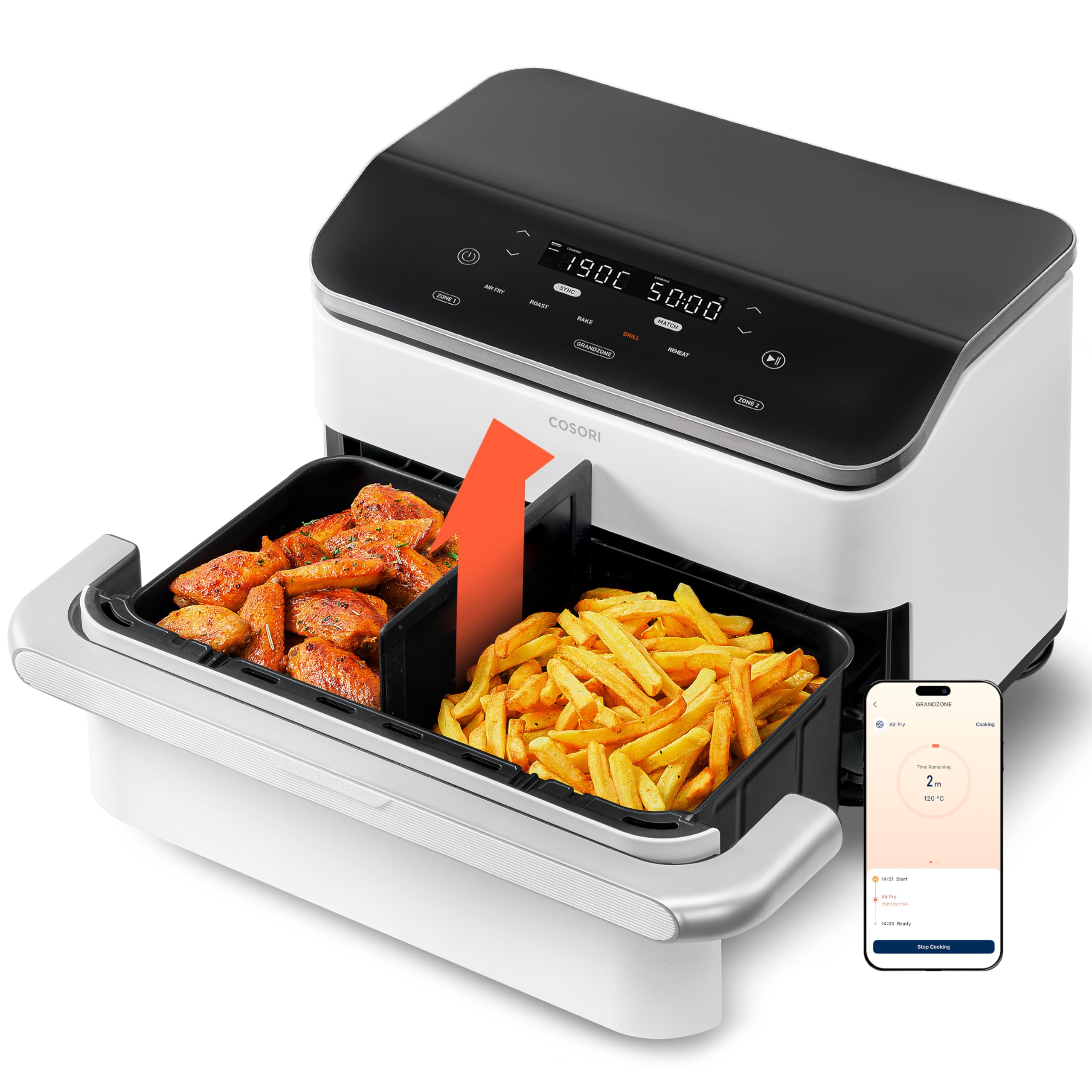 COSORI Air Fryer 10L Twinfry, doble zona con separador extraíble, capacidad flexible de 10L, freidora sin aceite 5 en 1, 40 ℃-240 ℃, 66% menos de energía, libro de recetas y aplicación