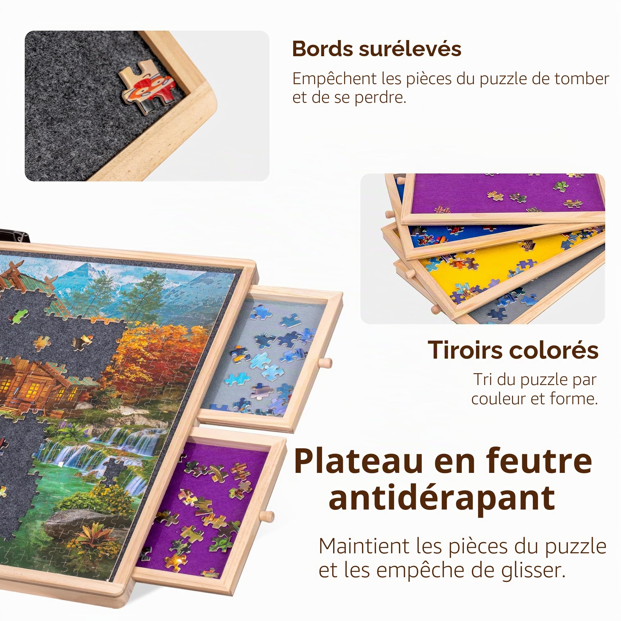 Lavievert Planche à puzzle rotative de 1000 pièces avec 4 tiroirs de tri, table de puzzle inclinable avec couvercle, plateau de puzzle en bois avec plateau antidérapant pour adultes