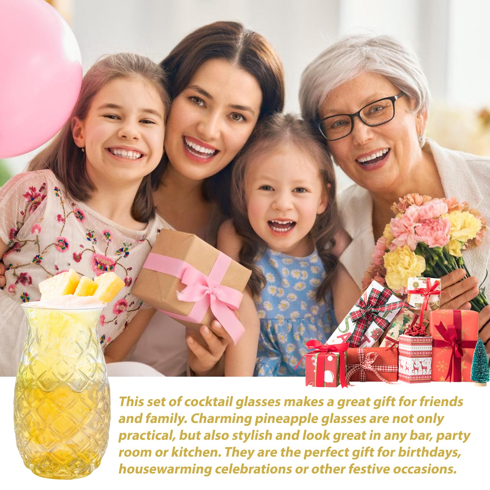 Set di 4 bicchieri di ananas, da 480 ml, in ananas, trasparente, per feste, da cocktail, riutilizzabili, per la casa, i ristoranti e le feste