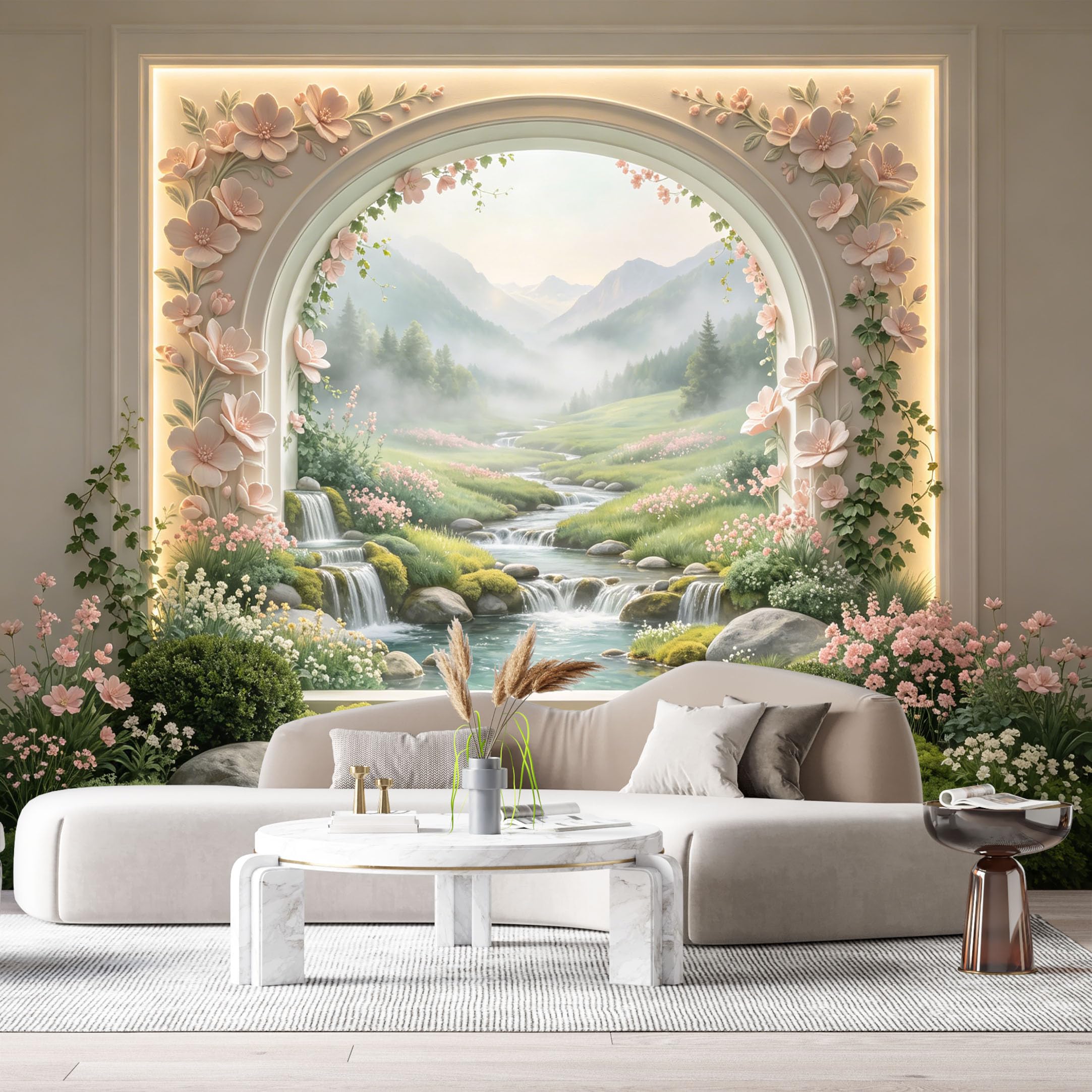 Custom Size Wall Murals Botanical Mountain Lake Landscape 3D Trompe L'Oeil SelfAdhesiveWall Fabric Removable Wallpaper Wall Decor for Living Room Bedroom Bathroom