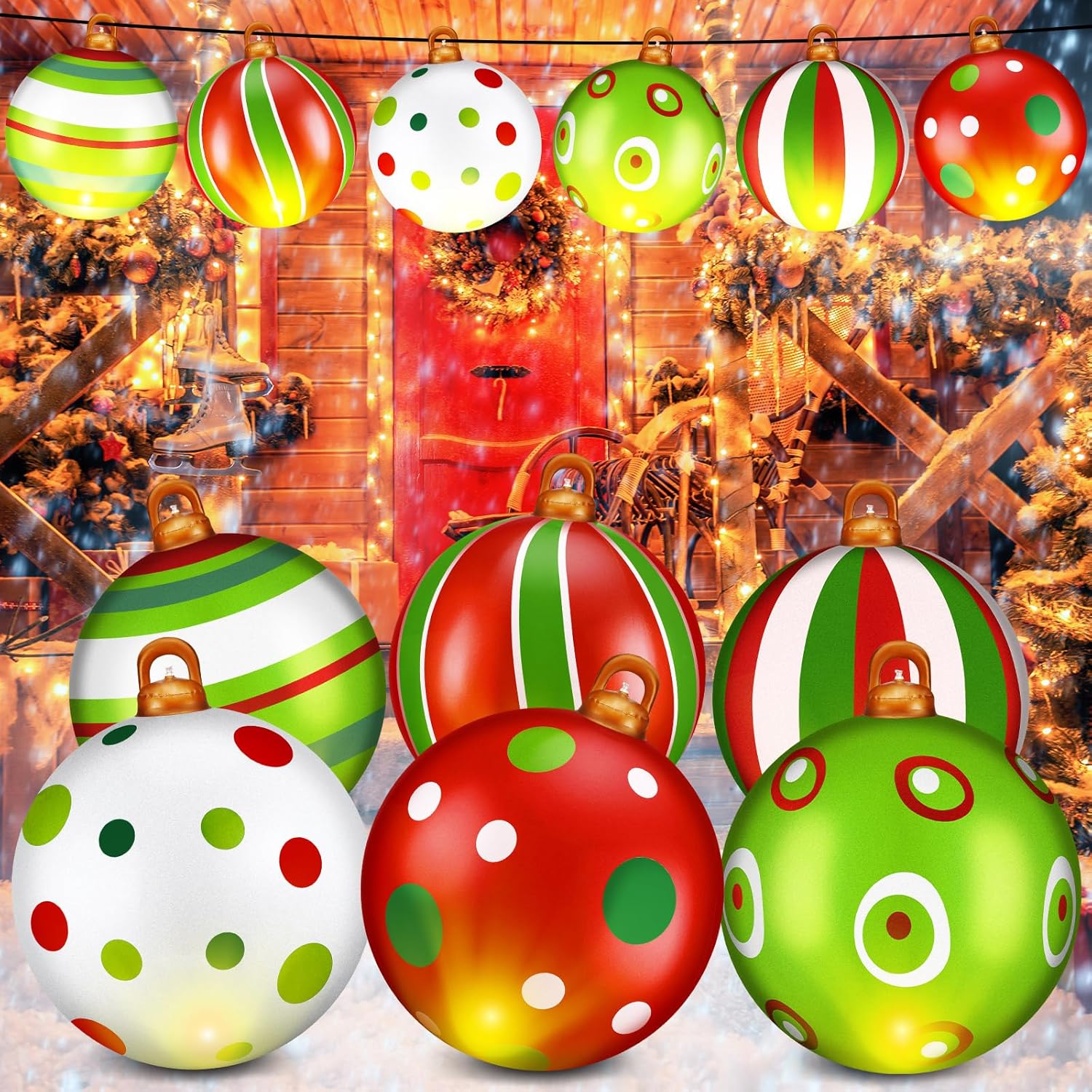 Jetec 6 Pcs 24 Inch Light up PVC Inflatable Christmas Ball Giant Inflatable Christmas Ornaments Balls Christmas Outdoor Decorations Large Weight Stand Firmly Yard