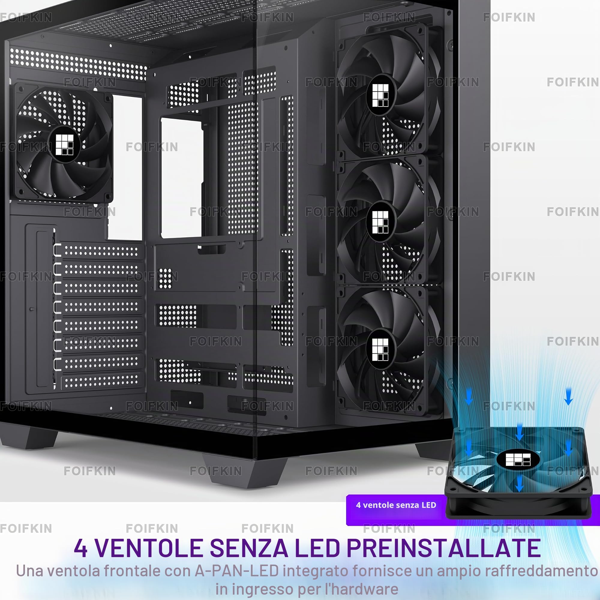 FOIFKIN F300 Case per PC ATX con 4 ventole non RGB, case per computer Mid-Tower ad alto flusso d'aria, case per PC da gioco Big Tower, custodia ATX nera, con case per computer con radiatore di tipo C