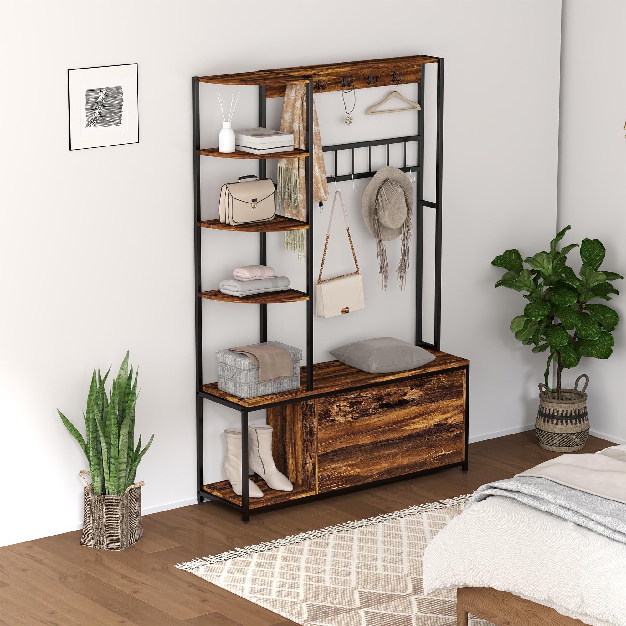 HOMCOM Perchero Zapatero Perchero Entrada Recibidor 4 en 1 con Banco Zapatero de 2 Pisos Estantes Ganchos Compartimento y Sistema Anti-vuelco para Pasillo Dormitorio 120x35x180 cm Marrón Oscuro