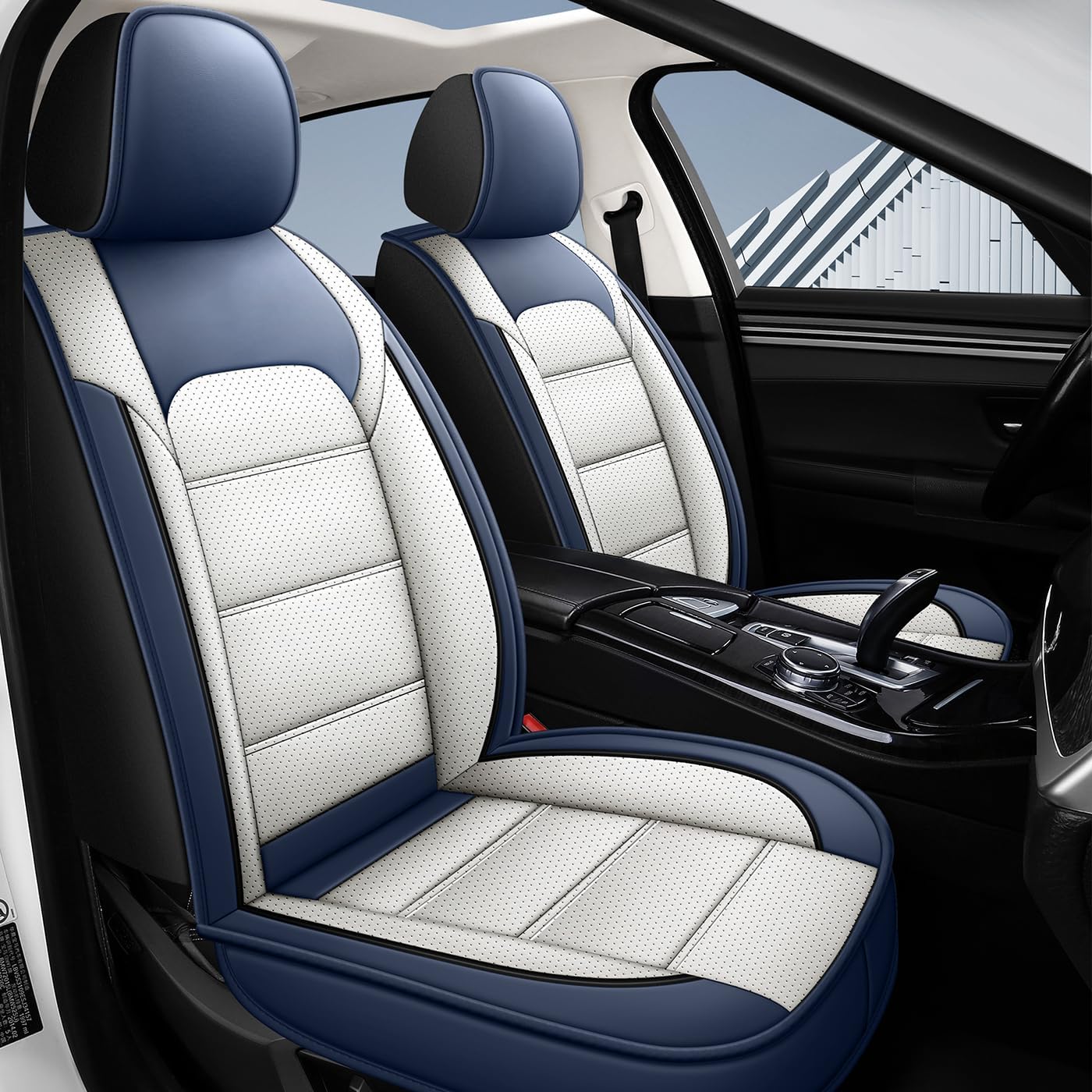 Car Seat Covers Full Set 3D Foam Back Support, 2 Front Seats Universal Fit for Most Trucks,Sedan and SUVs, Waterproof Leather Super Breathable, Storage Bags, All Season, Blue+White