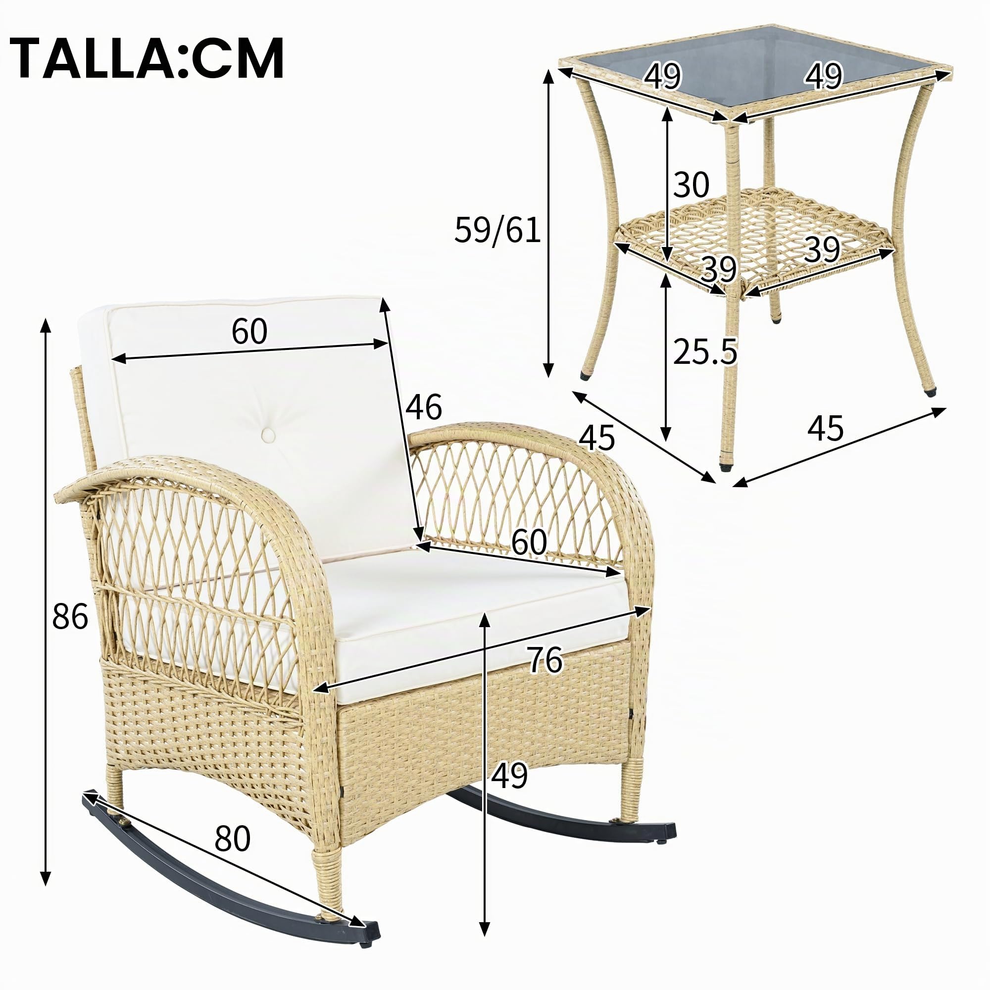 Conjunto de Jardin Exterior de Ratán para 2 Personas, 3 Piezas | Para Terraza Patio, Set Muebles Jardin con Sillones y Mesa de Centro, Mecedora con Cojines, Juego de Muebles de Jardín,Beige