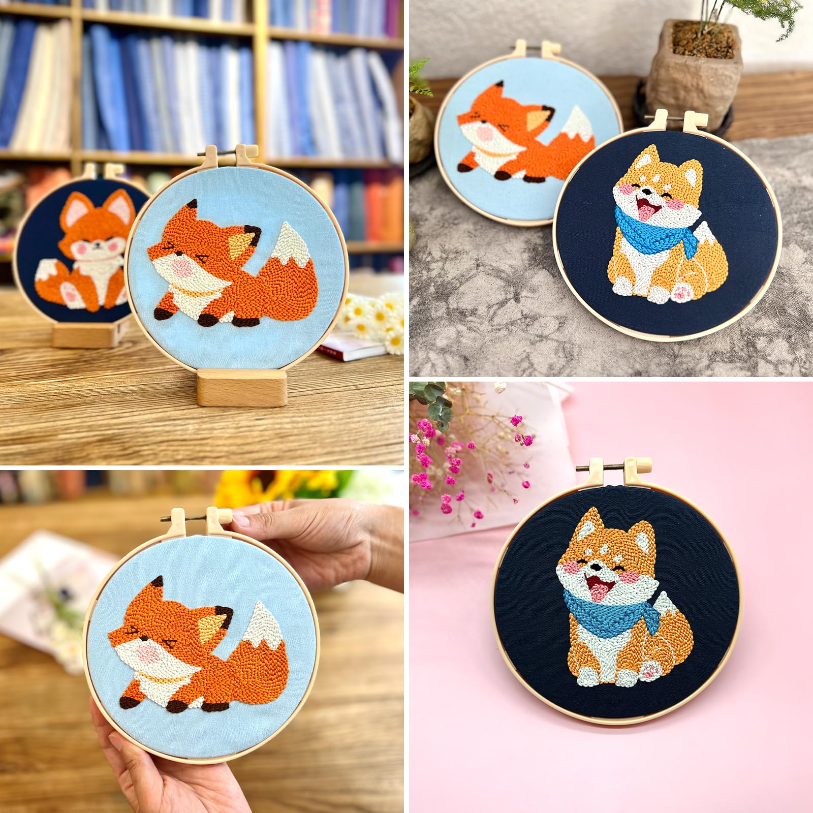 JSRQT 3 set di kit per ricamo con ago perforatore e 3 cerchi da ricamo per principianti aggancio per tappeti con motivo cane volpe artigianato