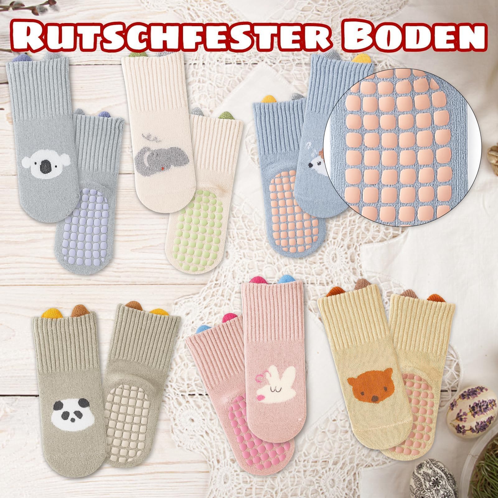 6 Paar Baby Socken 0-6 Monate, Weiche Baumwollsocken Anti Rutsch Socken Baby, Colours Lustige Socken mit Motiv, Antirutschsocken Baby mit Rutschfester Sohle, für Jungen Mädchen Kindersocken