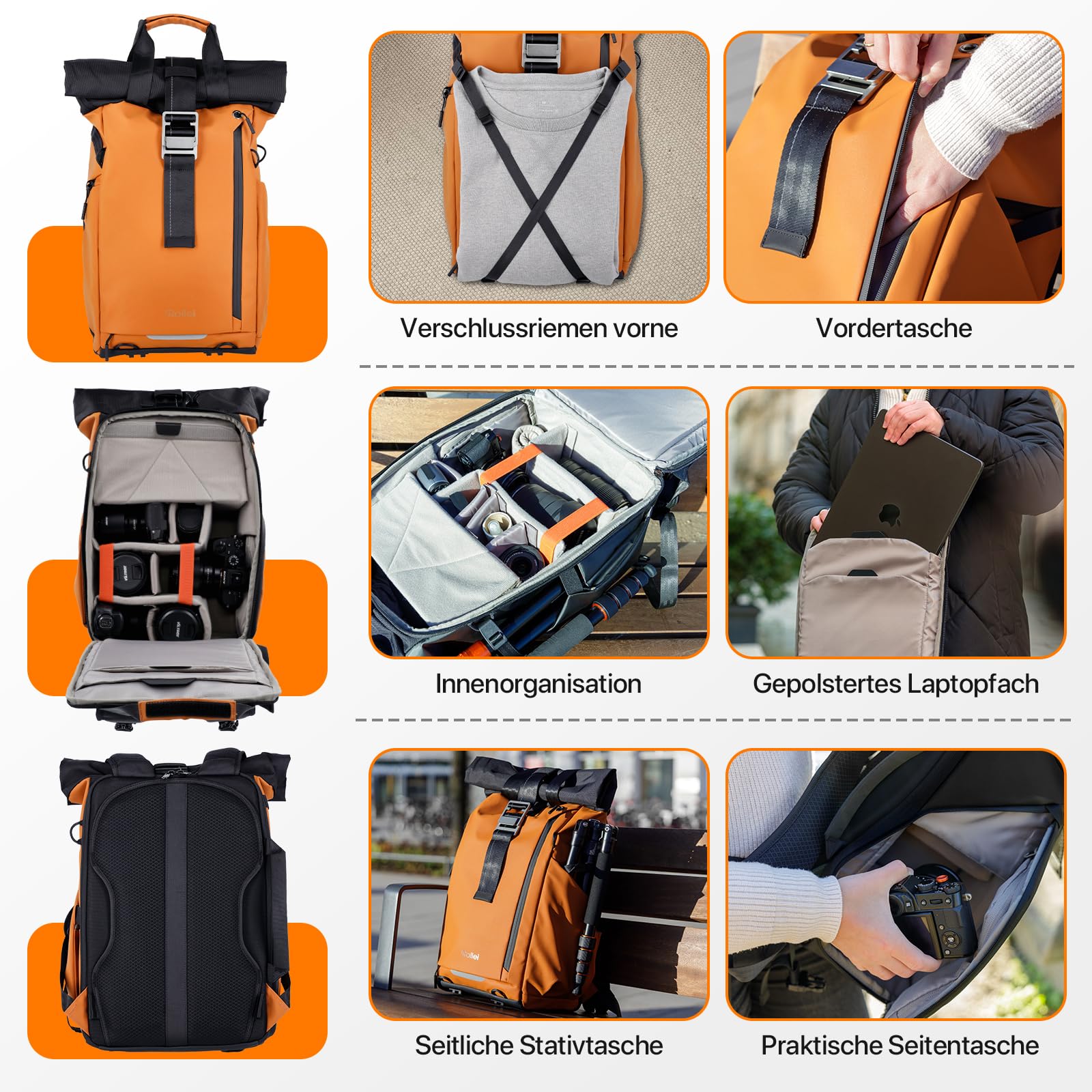 Rollei Fotoliner Ocean Rolltop Kamerarucksack Wasserdicht Fotorucksack Groß Kamera Rucksack mit Laptopfach Stativhalter für DSLR SLR Kameras