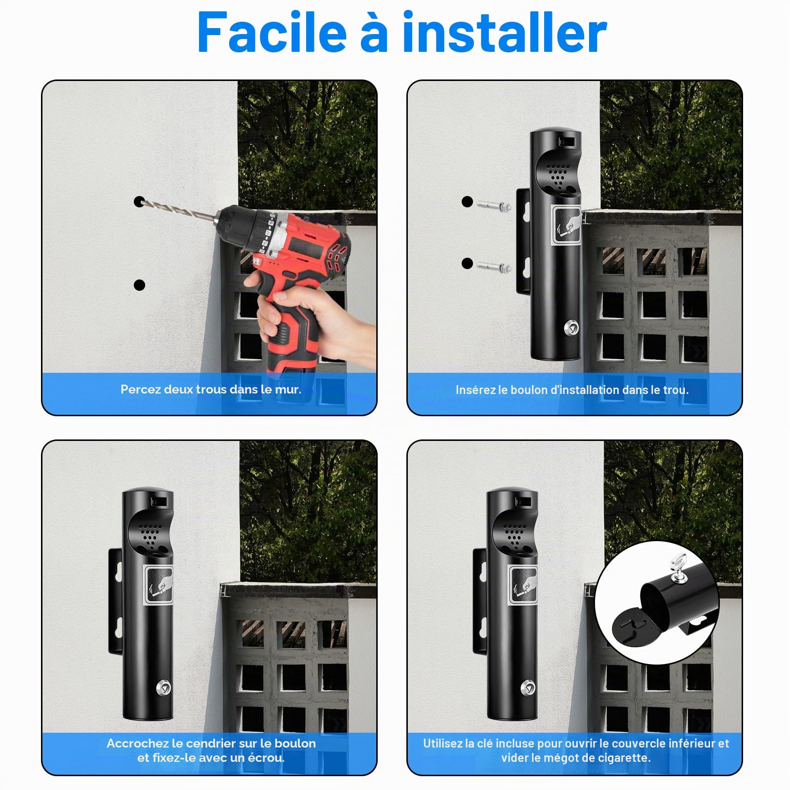 Cendrier mural en acier inoxydable avec serrure - Cendrier mural pour l'extérieur, l'intérieur et l'extérieur - Pour terrasse, restaurant, hôtel (6,3 x 30 cm, noir)